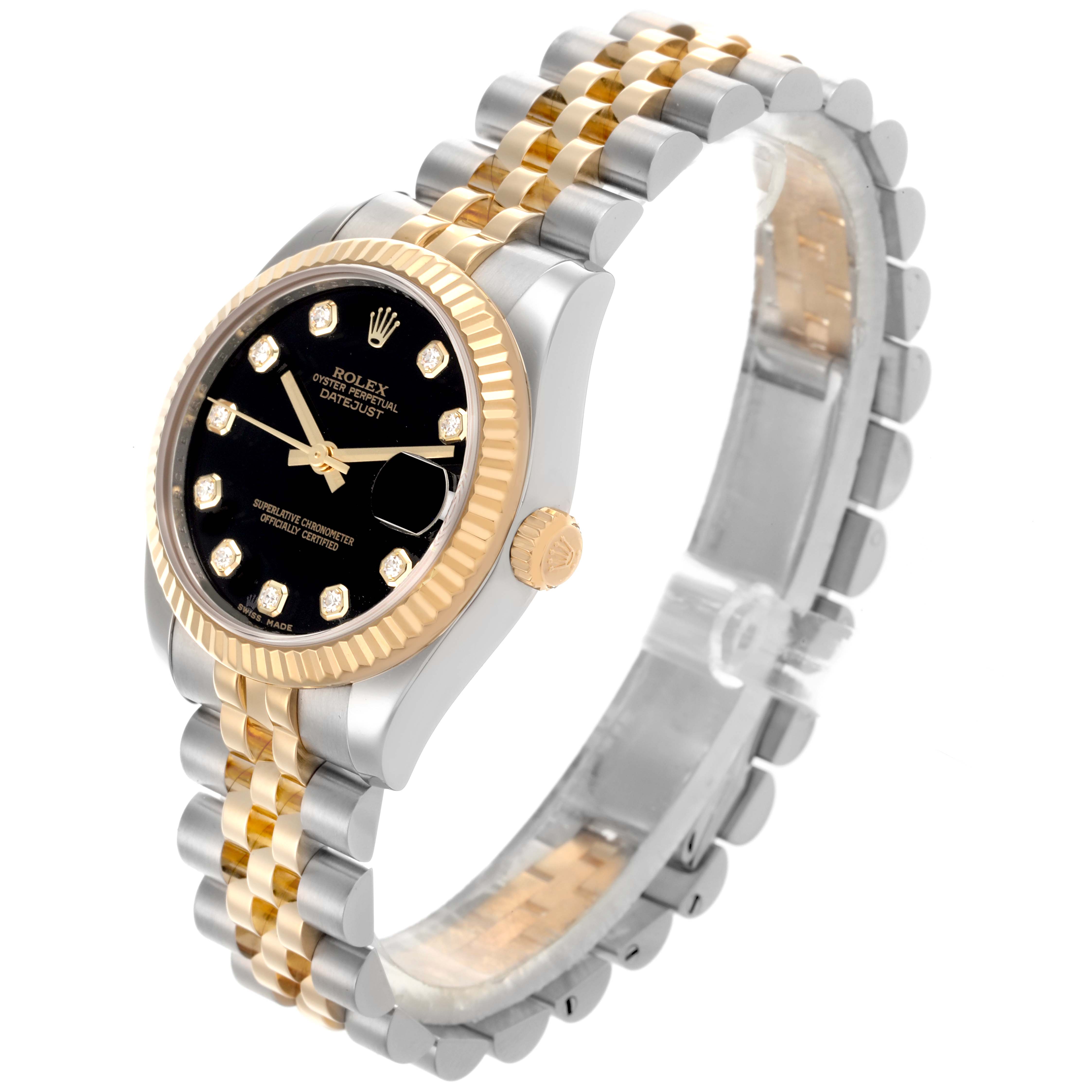 The Rolex Mid-Size 178273 Women's Steel and Gold (two tone) Black Dial 178273 Women's Steel and Gold (two tone) Black Dial watch is shown at a 3/4 angle, highlighting the two-tone bracelet, black dial, and fluted bezel.