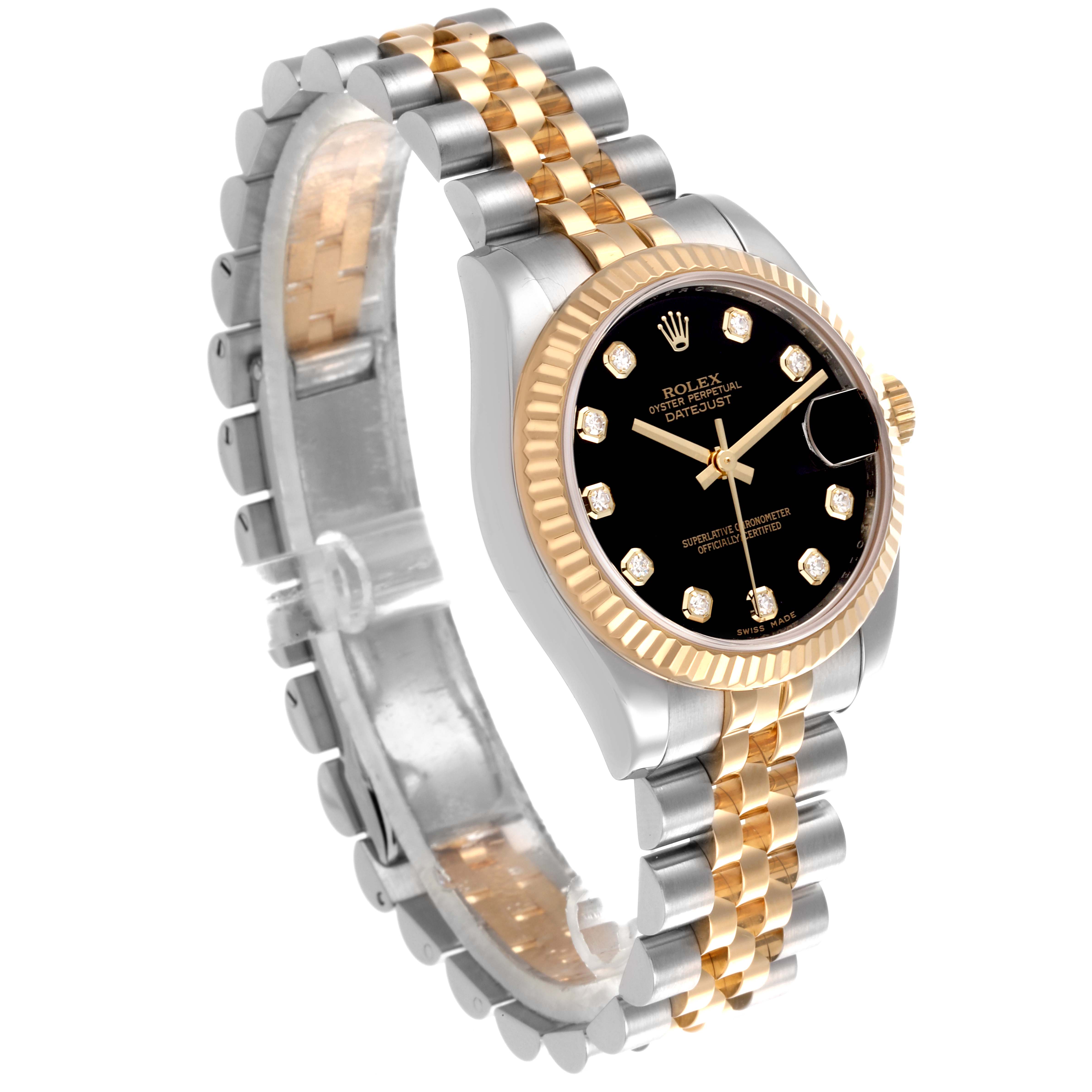 The Rolex Mid-Size 178273 Women's Steel and Gold (two tone) Black Dial 178273 Women's Steel and Gold (two tone) Black Dial watch is shown at a three-quarter angle, displaying the bracelet, bezel, and face with a gold and silver finish.