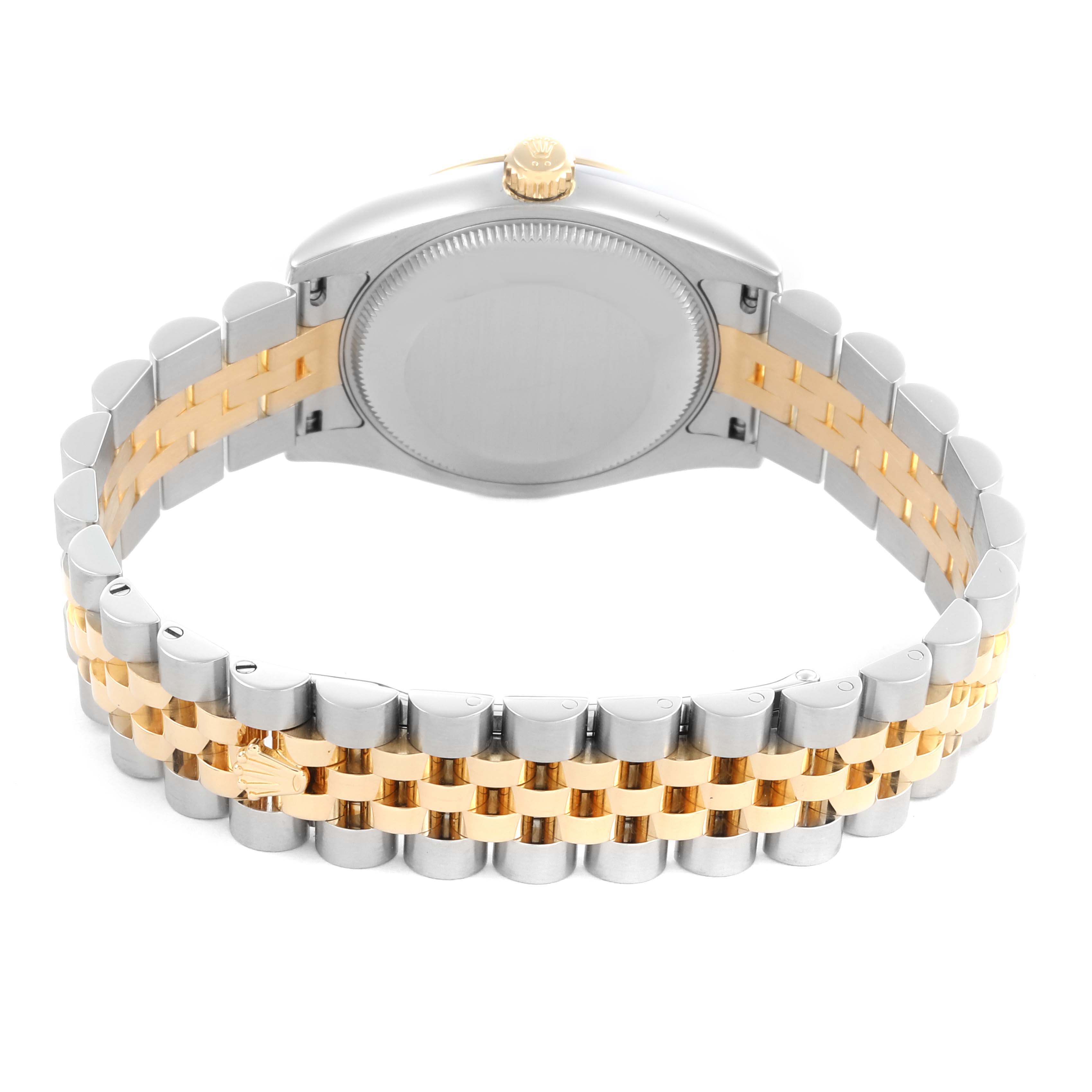 The Rolex Mid-Size 178273 Women's Steel and Gold (two tone) Black Dial 178273 Women's Steel and Gold (two tone) Black Dial watch is shown from the back, highlighting its two-tone bracelet and closed case back.