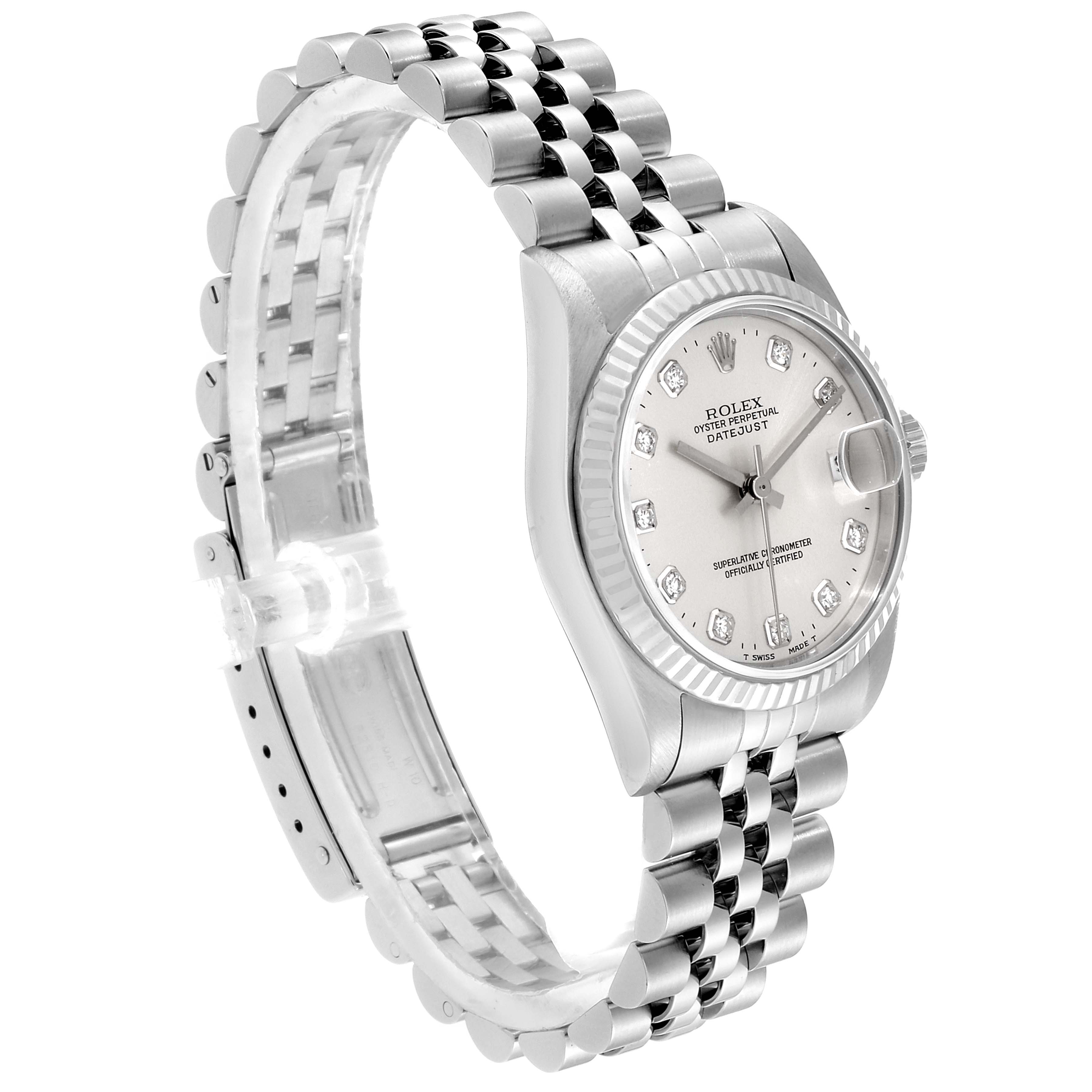 The image shows a Rolex Datejust 68274 Women's Stainless Steel Silver Dial 68274 Women's Stainless Steel Silver Dial watch at an angle highlighting the face, bezel, and Jubilee bracelet.