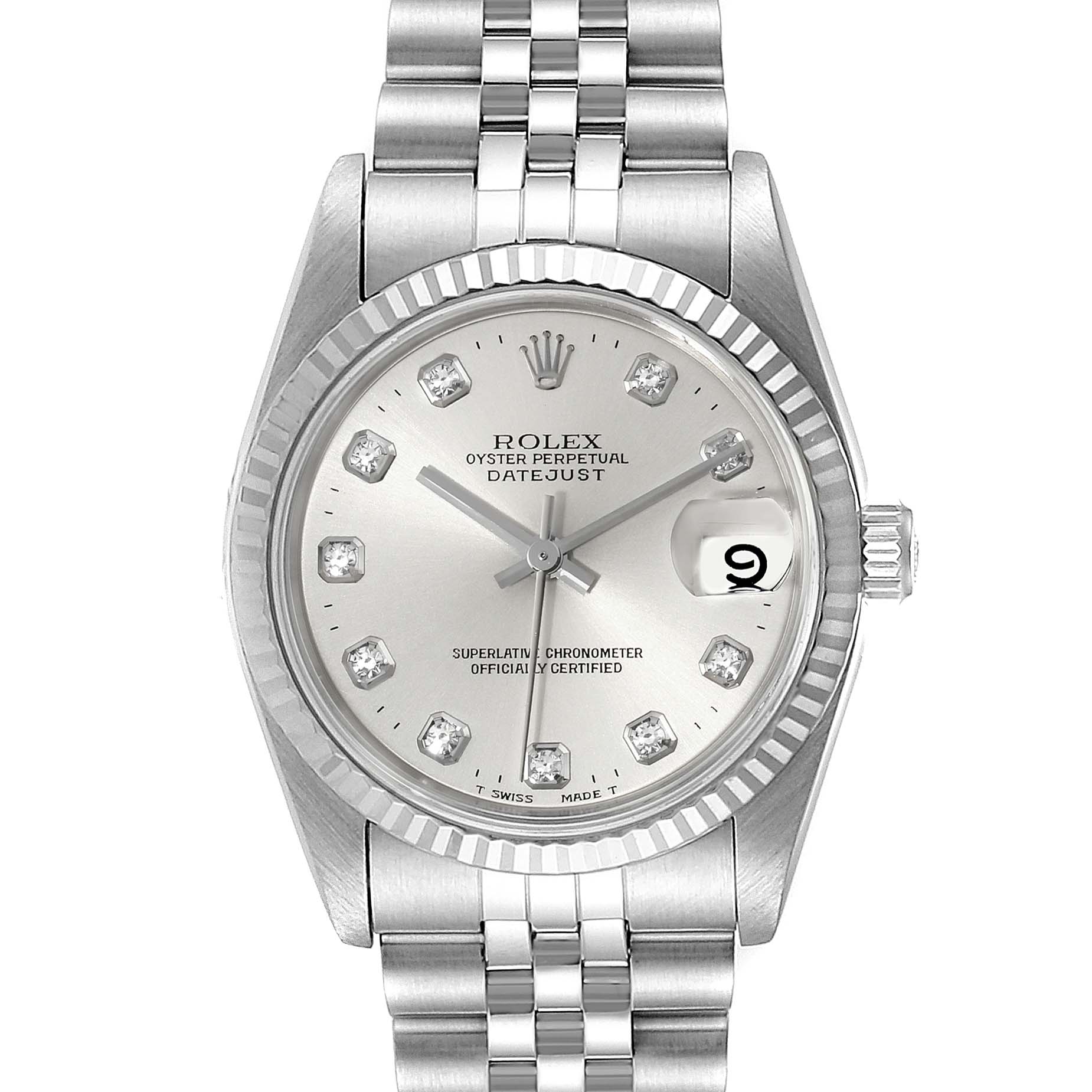 The Rolex Datejust 68274 Women's Stainless Steel Silver Dial 68274 Women's Stainless Steel Silver Dial watch is shown from a top-down angle, highlighting the dial, bezel, crown, and part of the bracelet.