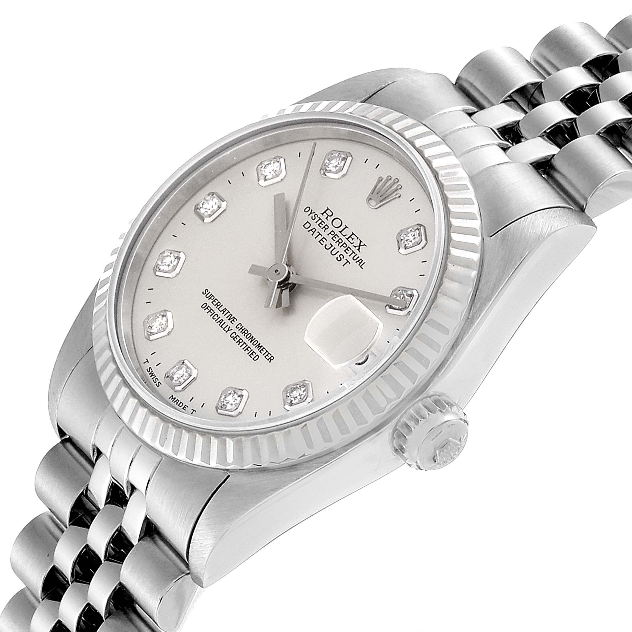 This image shows a Rolex Datejust 68274 Women's Stainless Steel Silver Dial 68274 Women's Stainless Steel Silver Dial watch from an angled perspective, highlighting the dial, diamonds, case, crown, and bracelet.