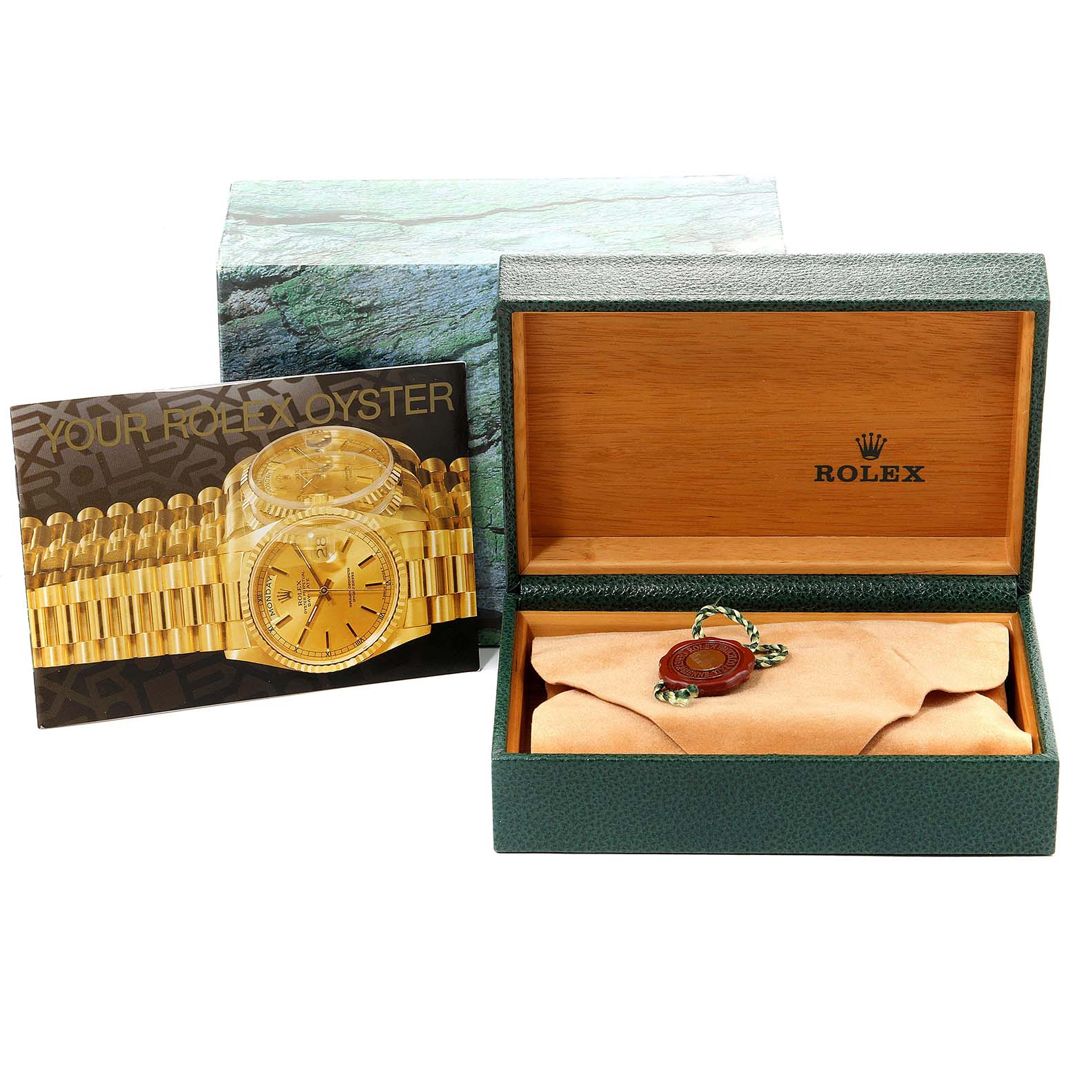 The image shows a Rolex Mid-Size 78274 Women
s Stainless Steel Mother of Pearl Dial 78274 Women
s Stainless Steel Mother of Pearl Dial watch box, booklet, and tag, angled from the front.