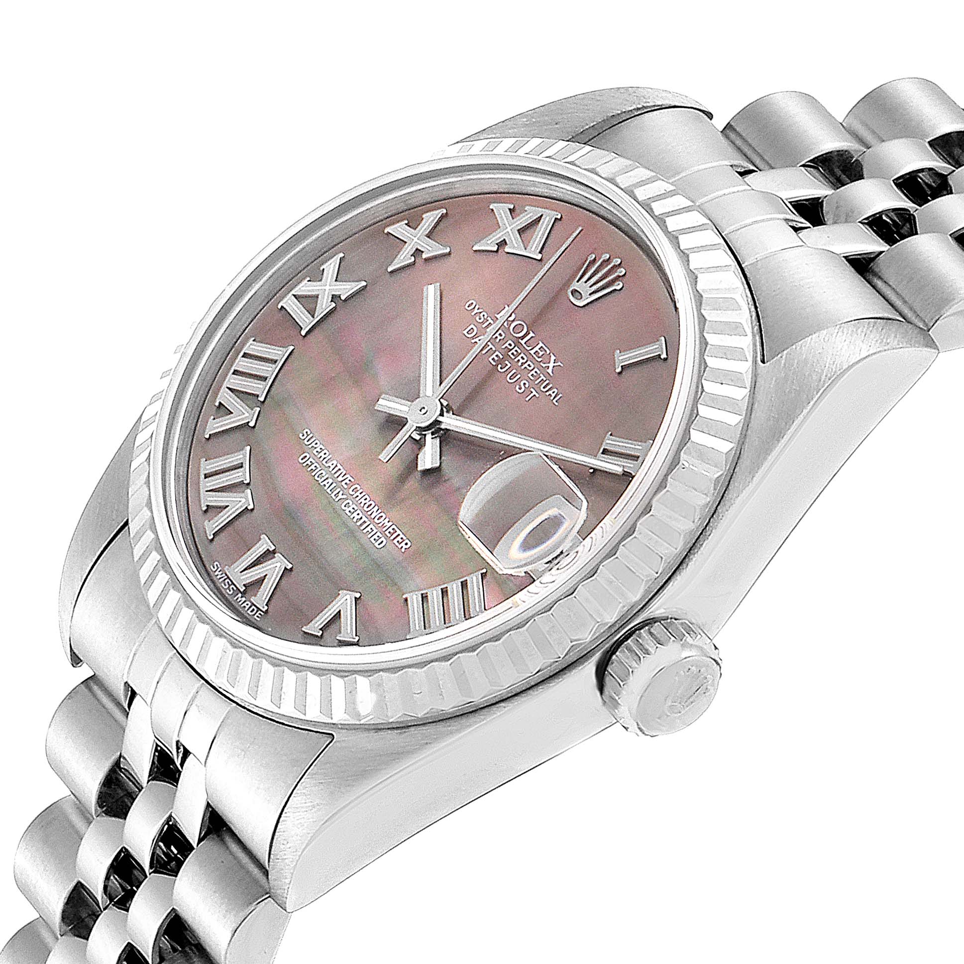 This image shows a Rolex Mid-Size 78274 Women
s Stainless Steel Mother of Pearl Dial 78274 Women
s Stainless Steel Mother of Pearl Dial model watch at a slight angle, highlighting its dial, crown, and bracelet.