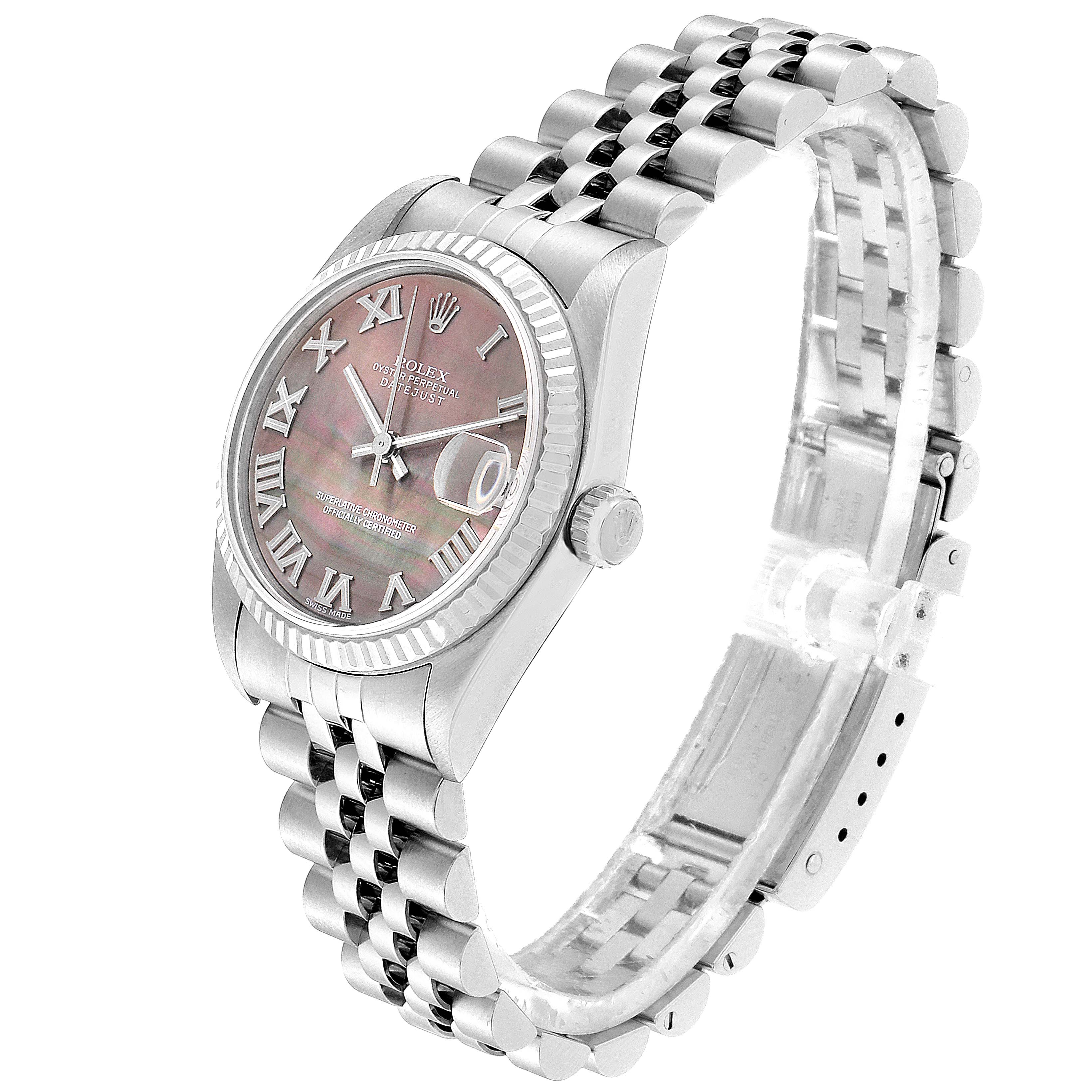 The image shows a Rolex Mid-Size 78274 Women
s Stainless Steel Mother of Pearl Dial 78274 Women
s Stainless Steel Mother of Pearl Dial Datejust watch at a three-quarter angle, highlighting the face, bezel, crown, and bracelet.