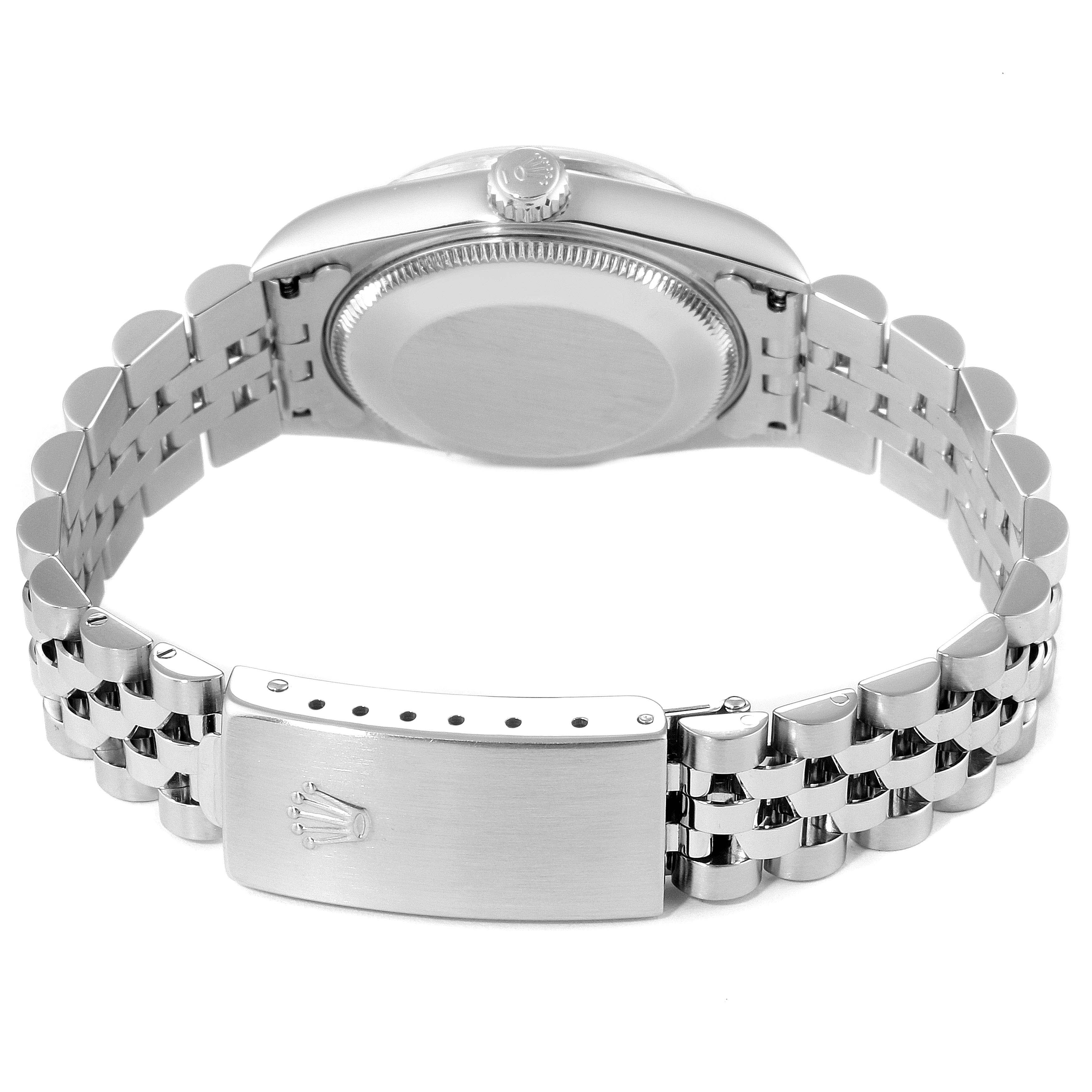 The image shows the back and side of a Rolex Mid-Size 78274 Women
s Stainless Steel Mother of Pearl Dial 78274 Women
s Stainless Steel Mother of Pearl Dial watch, focusing on the clasp, bracelet, and case back.