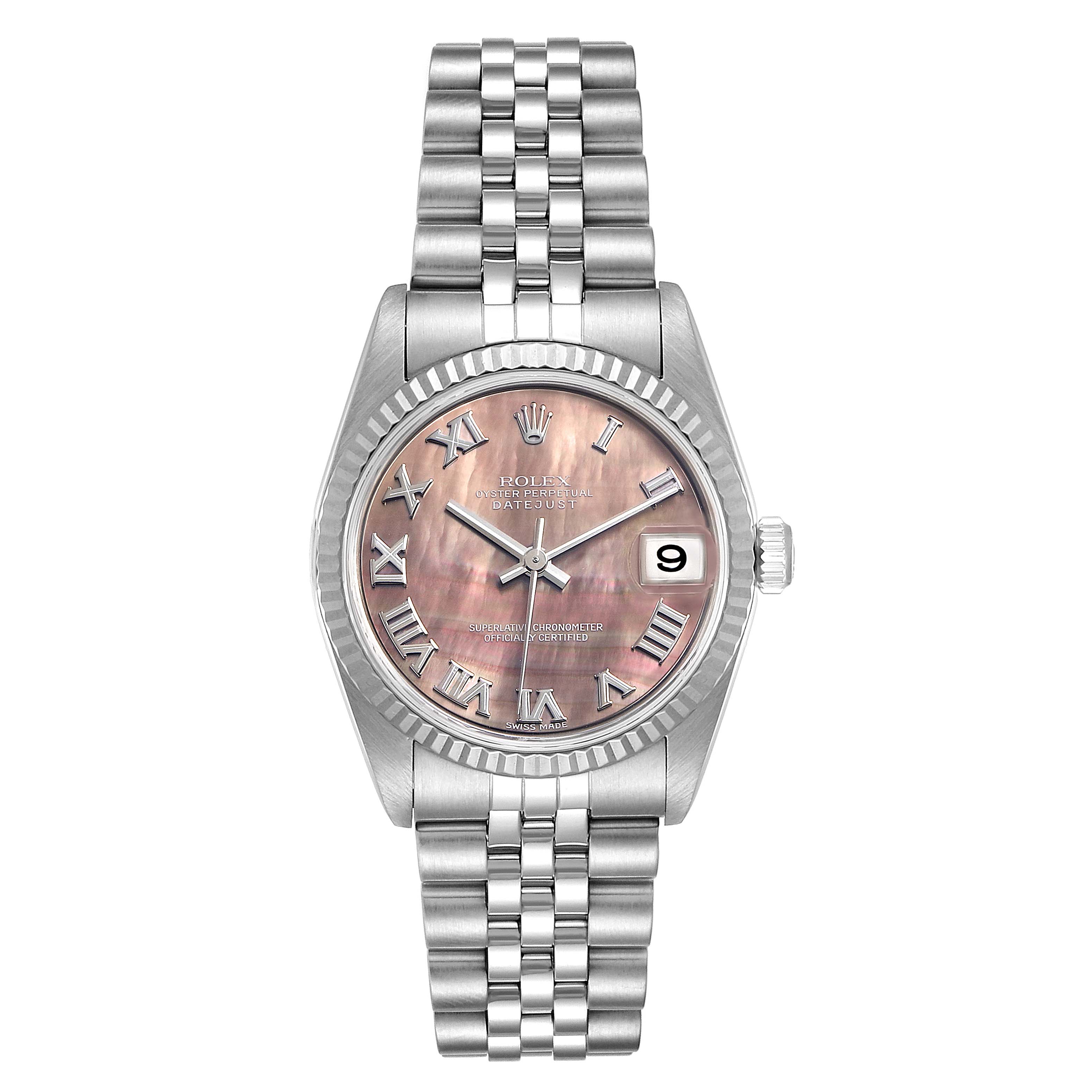 The image shows a front view of a Mid-Size Rolex Datejust watch, featuring its dial, bezel, and bracelet.