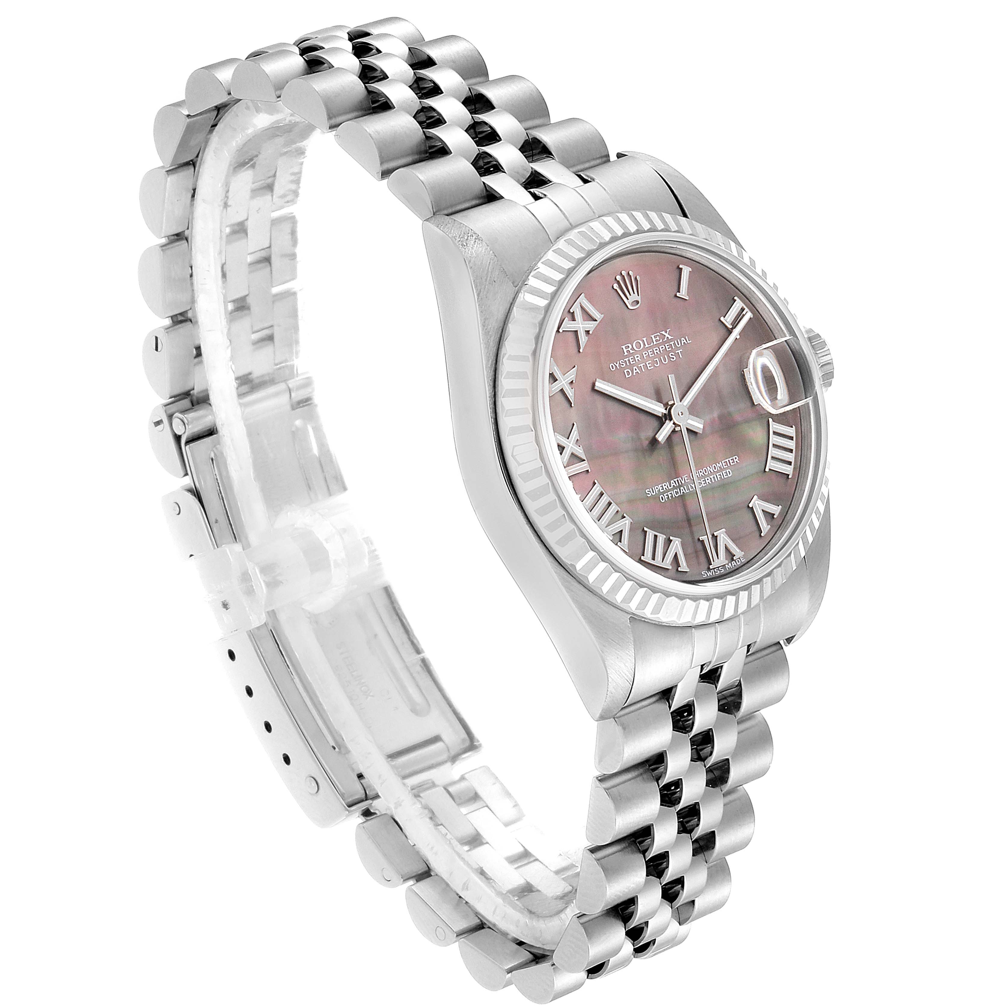 This image shows a Mid-Size Rolex watch at a slight angle featuring the dial, bezel, and bracelet.