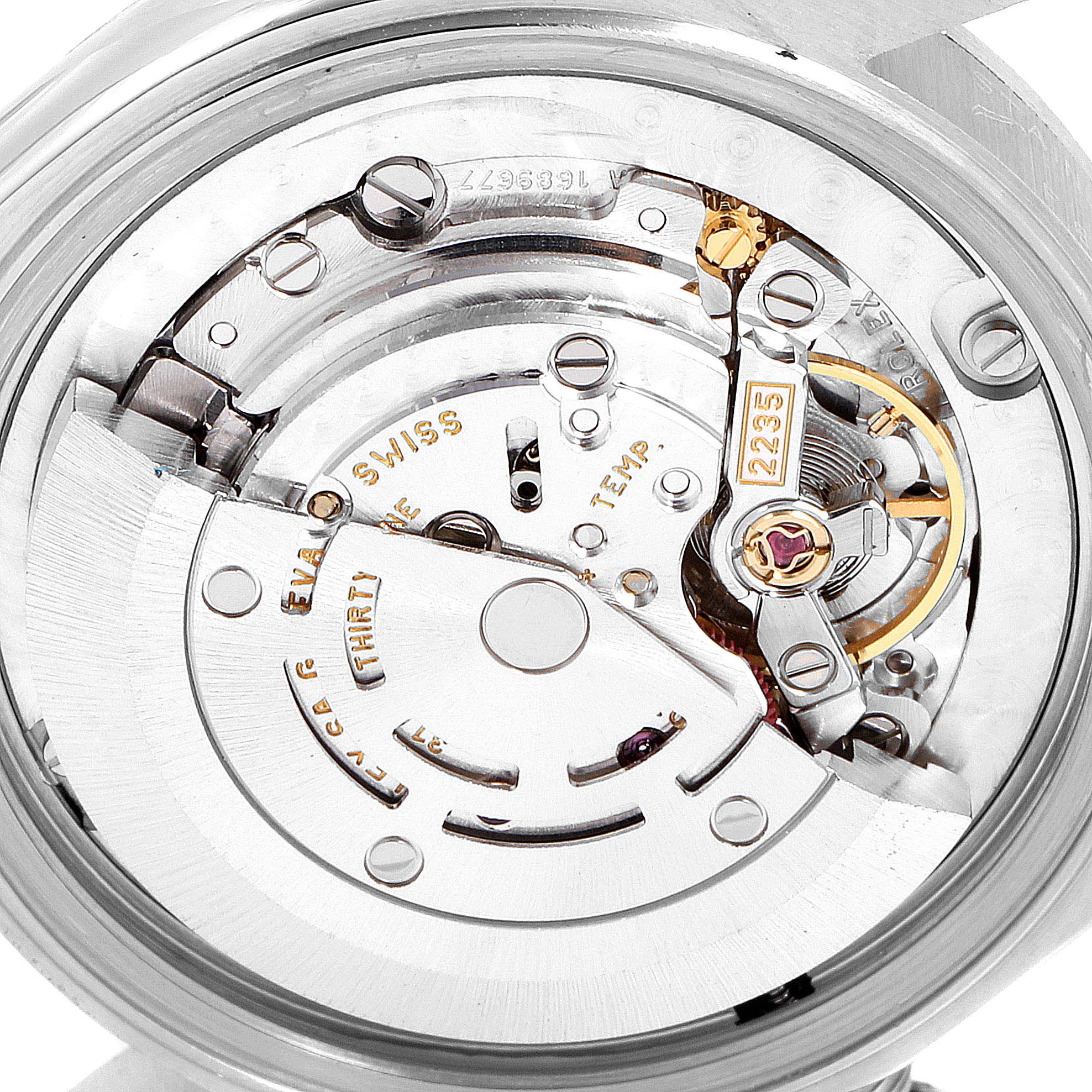 This image shows a close-up of the movement mechanism inside a Rolex Mid-Size 78274 Women
s Stainless Steel Mother of Pearl Dial 78274 Women
s Stainless Steel Mother of Pearl Dial model watch.