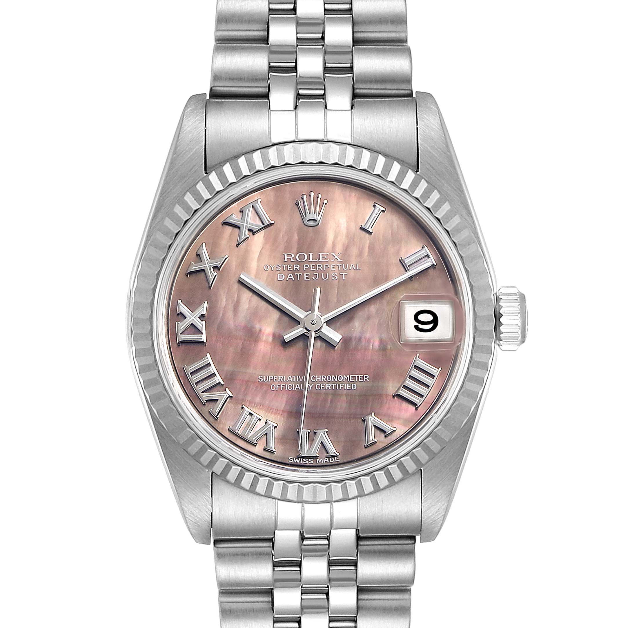 The image shows a front view of a Rolex Mid-Size 78274 Women
s Stainless Steel Mother of Pearl Dial 78274 Women
s Stainless Steel Mother of Pearl Dial Datejust watch, displaying the dial, bezel, crown, and bracelet.