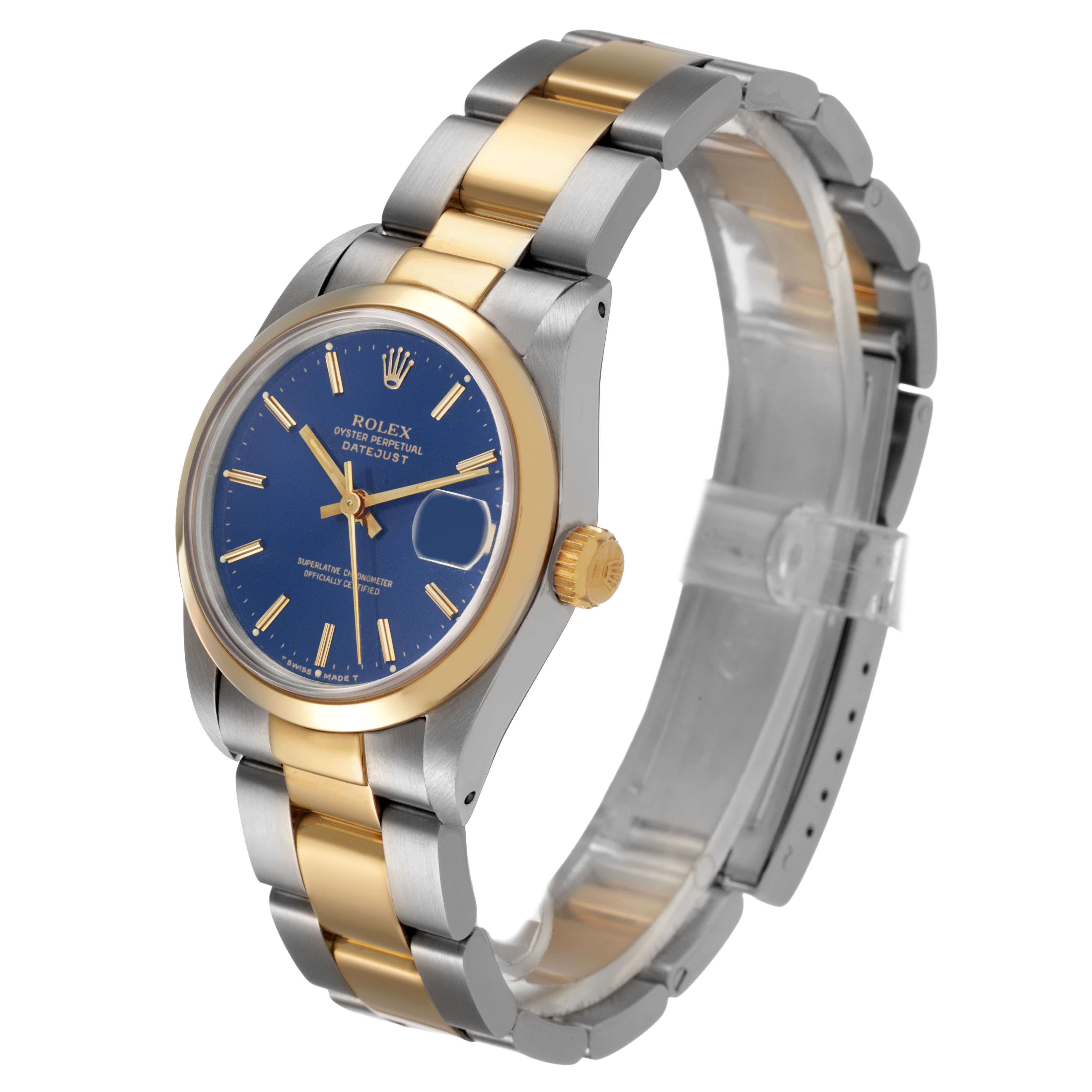 The Rolex Datejust 68243 Women's Steel and Gold (two tone) Blue Dial watch is shown at a three-quarter angle, displaying the dial, crown, bezel, and part of the bracelet.
