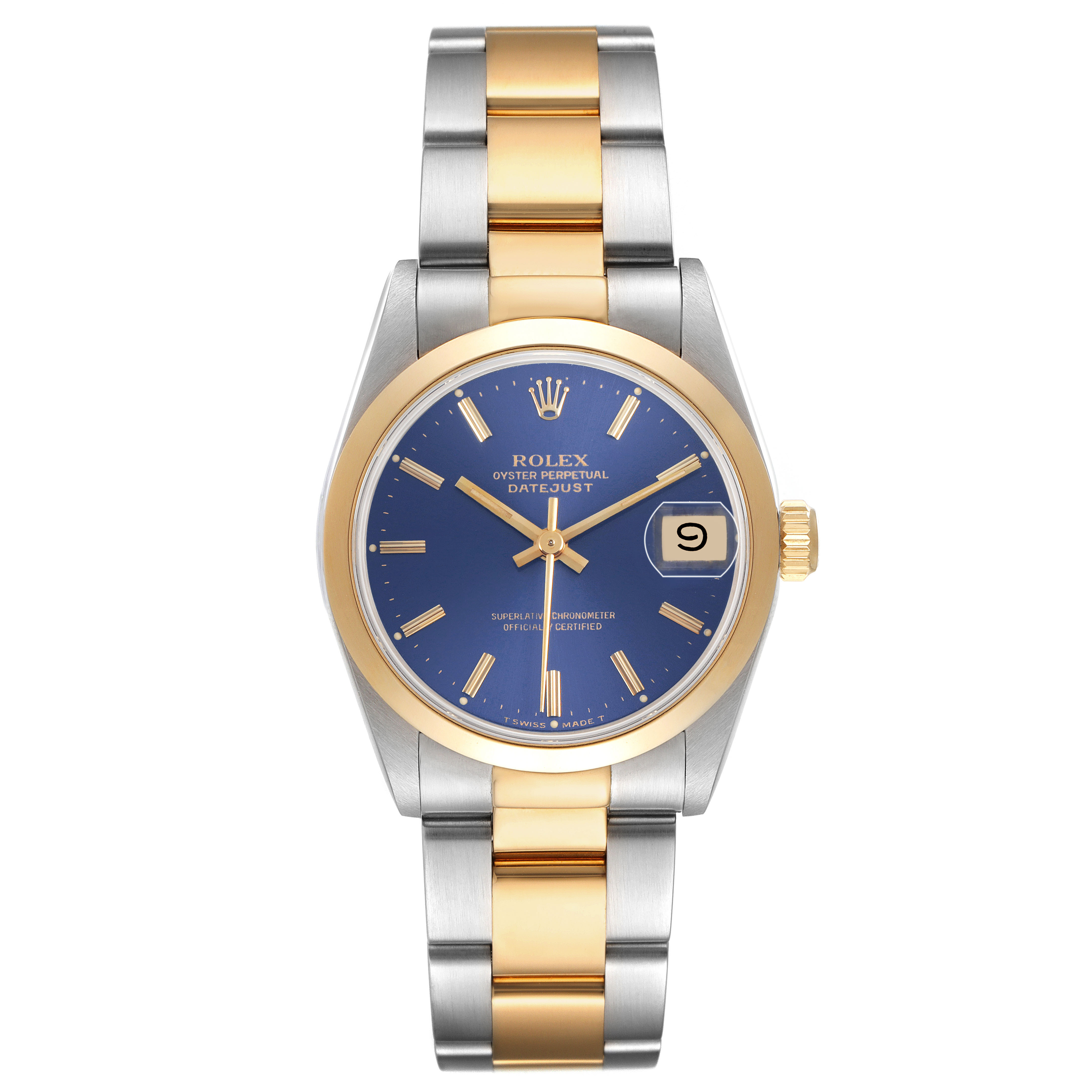 The image shows a front view of the Rolex Datejust 68243 Women's Steel and Gold (two tone) Blue Dial watch, highlighting its blue dial, gold bezel, cyclops lens, and two-tone bracelet.