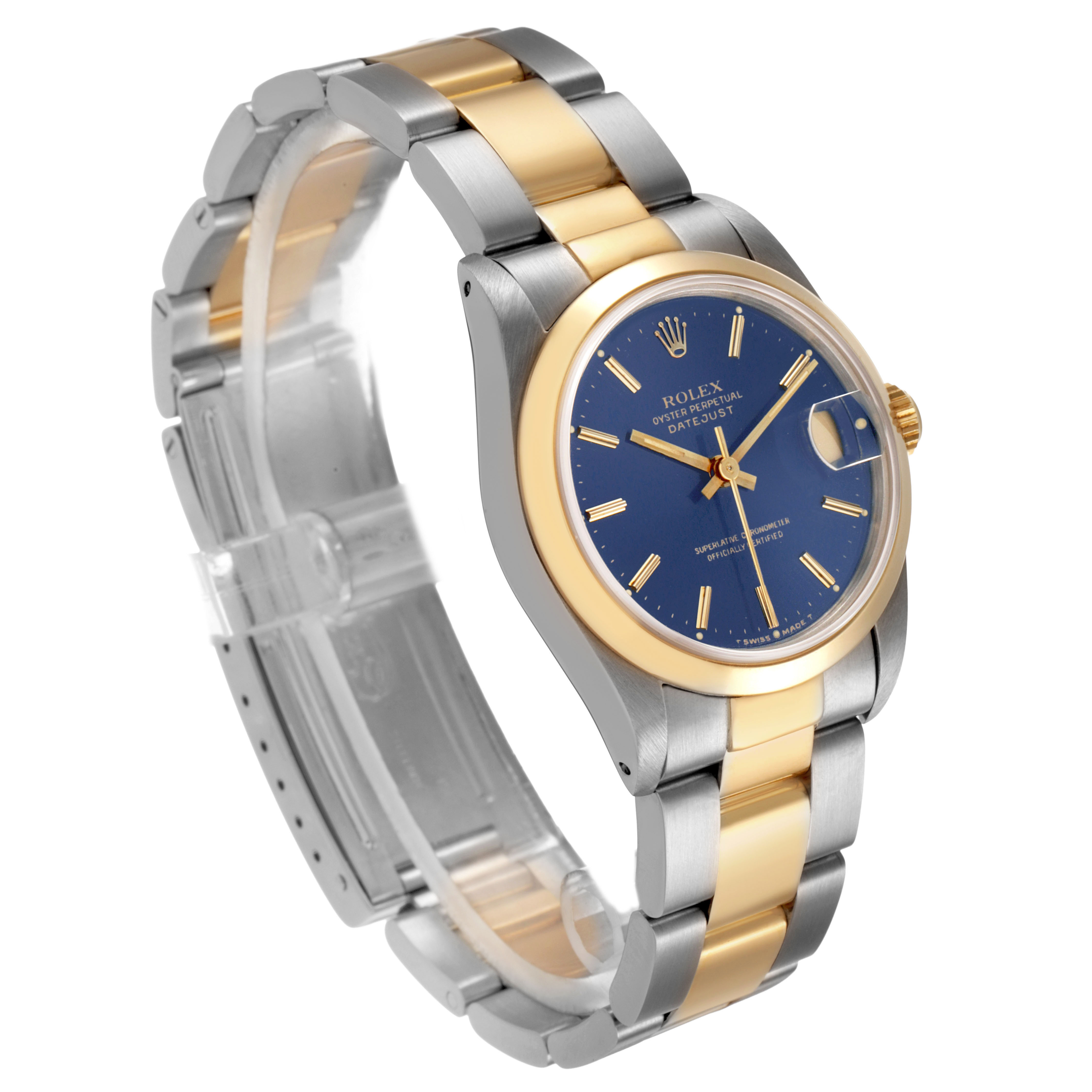 The image shows a Rolex Datejust 68243 Women's Steel and Gold (two tone) Blue Dial watch at a three-quarter angle, highlighting the dial, case, and two-tone bracelet.