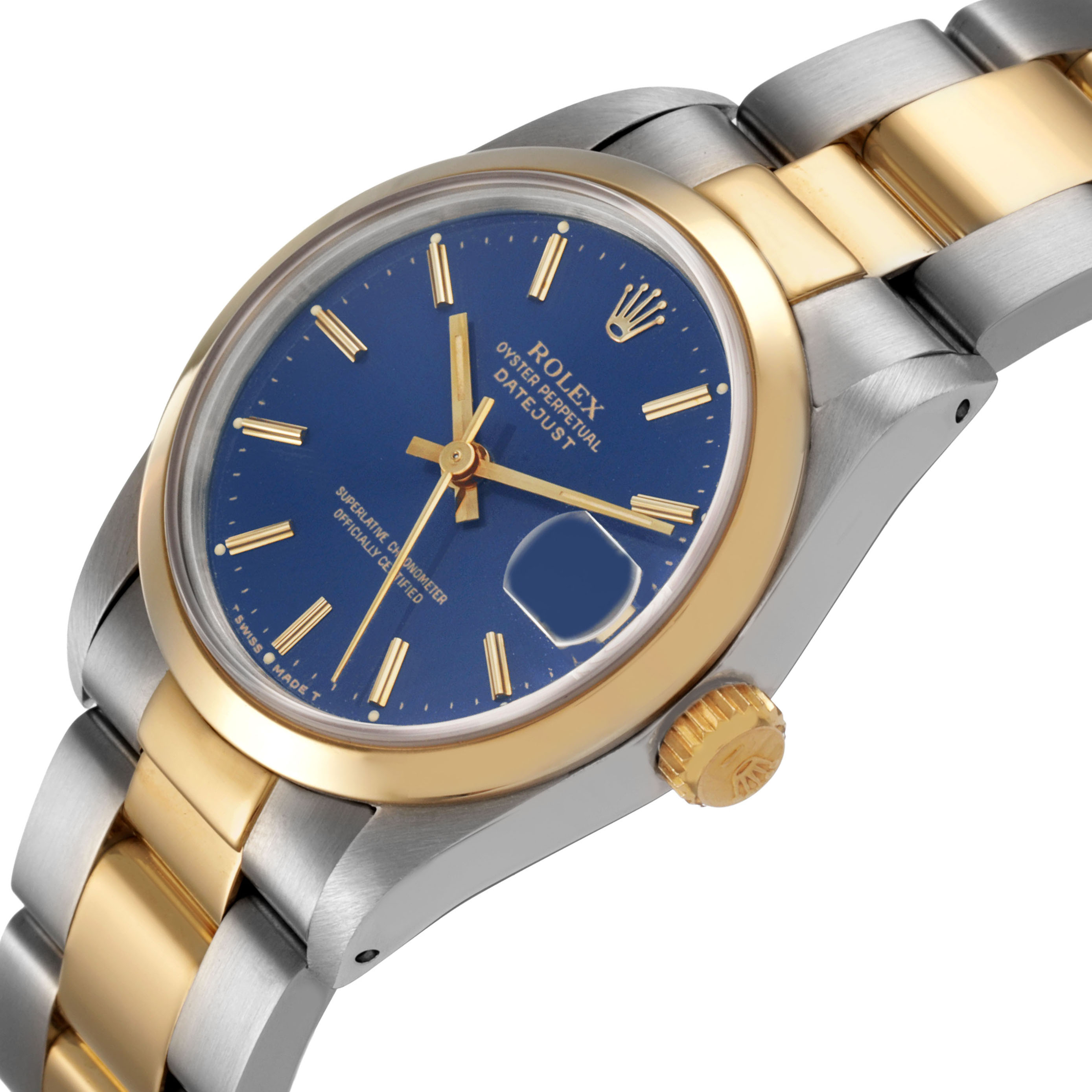 The Rolex Datejust 68243 Women's Steel and Gold (two tone) Blue Dial watch is shown at an angle highlighting the bezel, crown, bracelet, and blue dial.