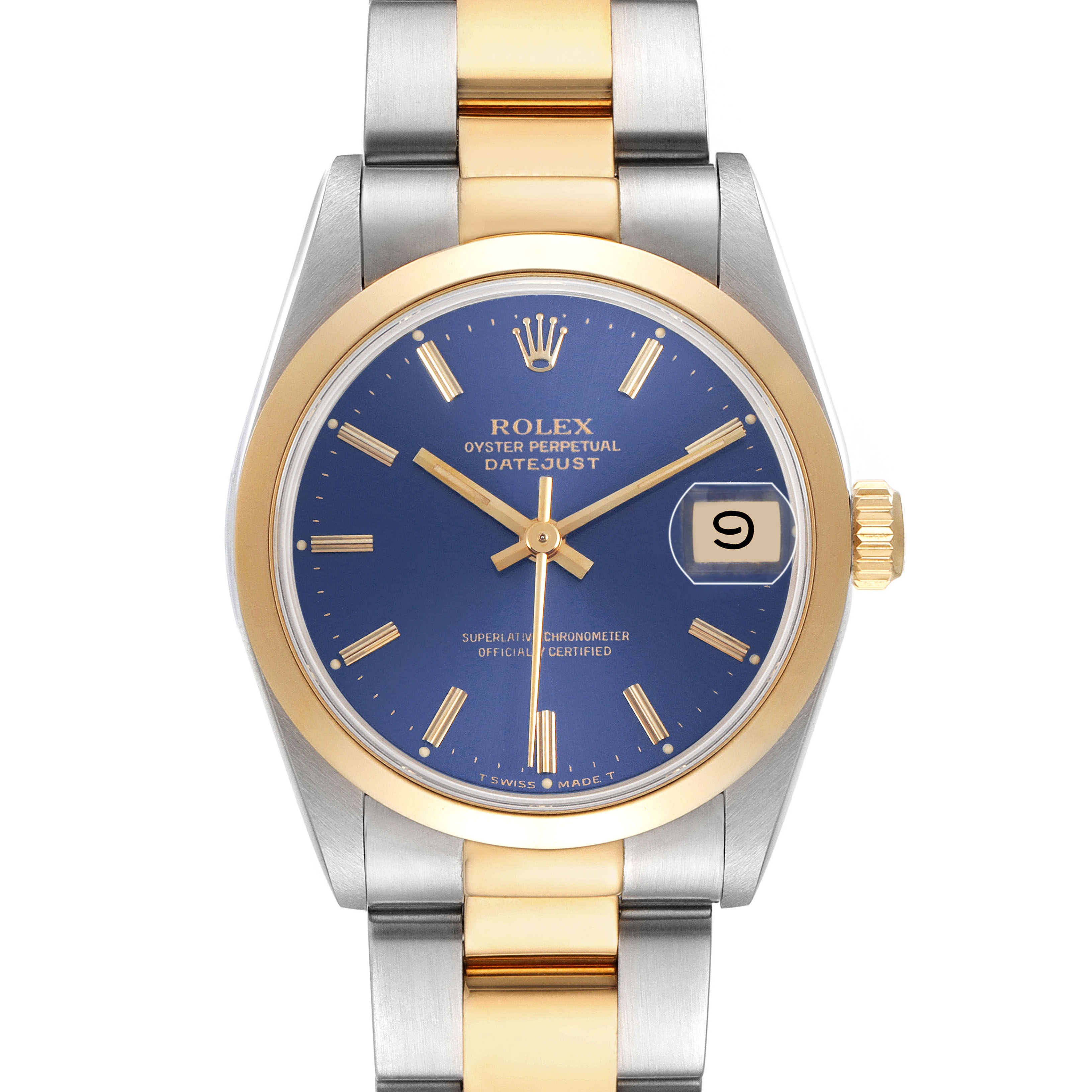 The Rolex Datejust 68243 Women's Steel and Gold (two tone) Blue Dial watch is shown from a front angle, highlighting its blue dial, gold bezel, and two-tone bracelet.