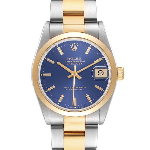The Rolex Datejust 68243 Women's Steel and Gold (two tone) Blue Dial watch is shown from the front, displaying its blue dial, gold bezel, and two-tone bracelet.