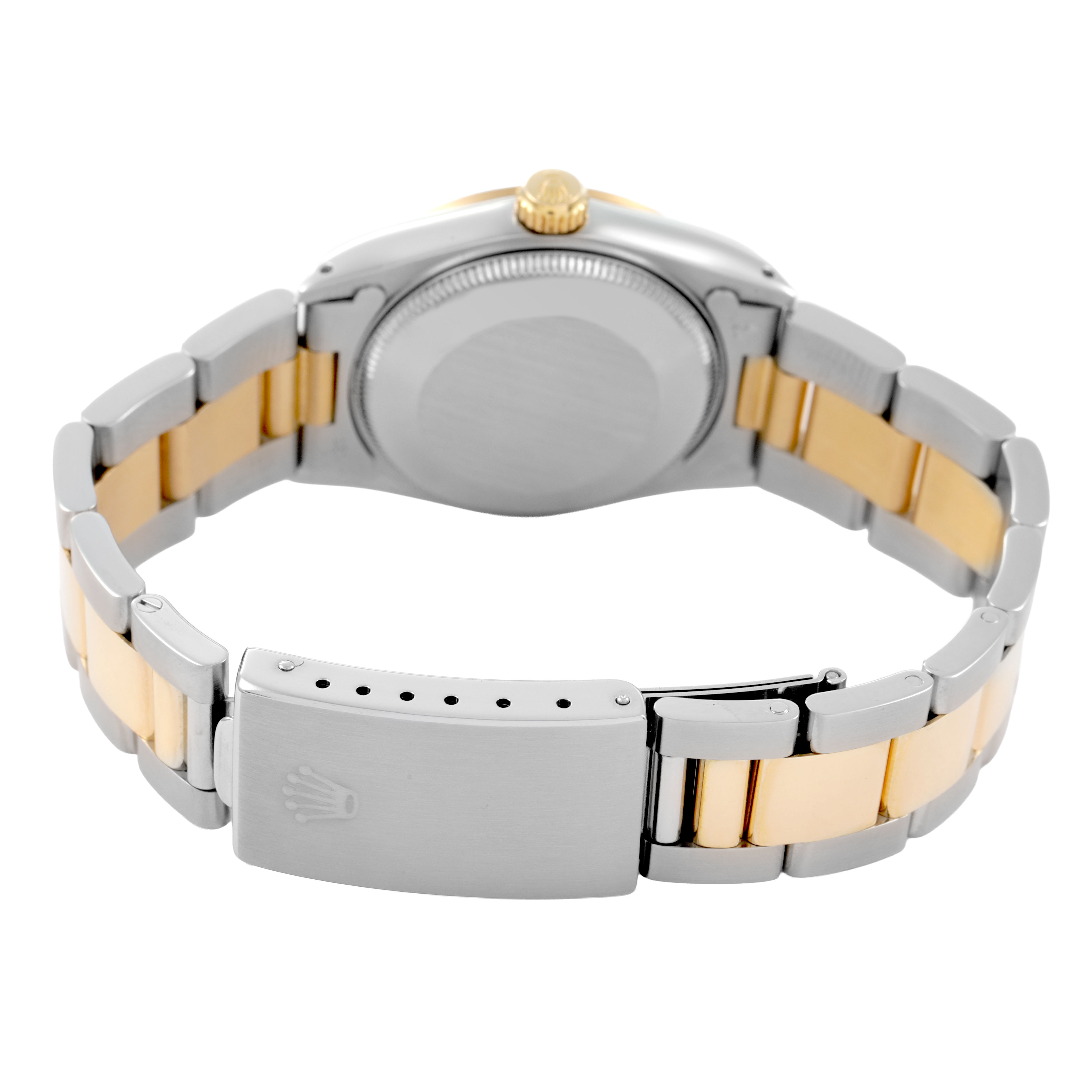 The Rolex Datejust 68243 Women's Steel and Gold (two tone) Blue Dial is shown from the back, highlighting the clasp, bracelet, and case back.