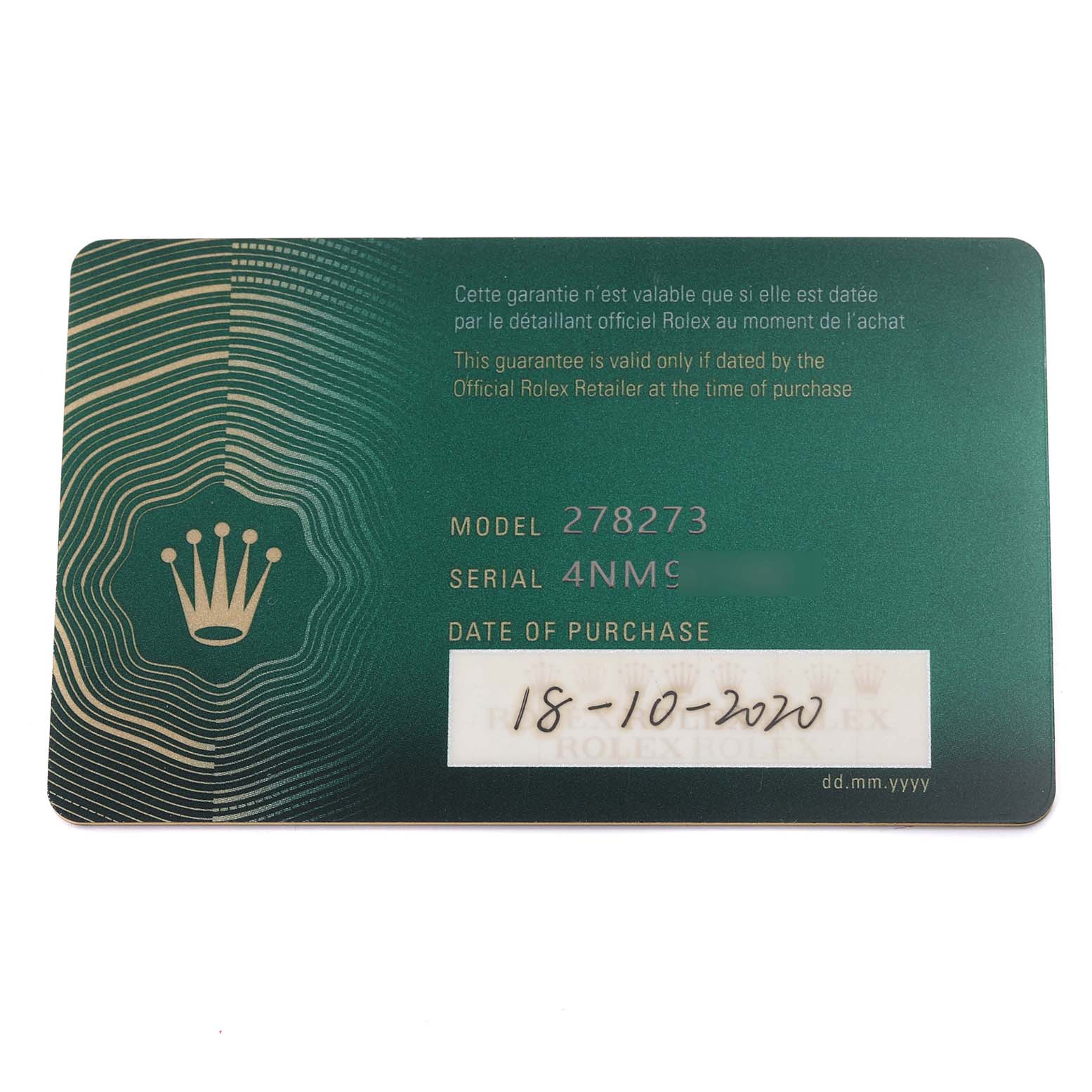 The image displays a warranty card for a Rolex Mid-Size 278273 Women's Steel and Gold (two tone) Green Dial 278273 Women's Steel and Gold (two tone) Green Dial model 278273.