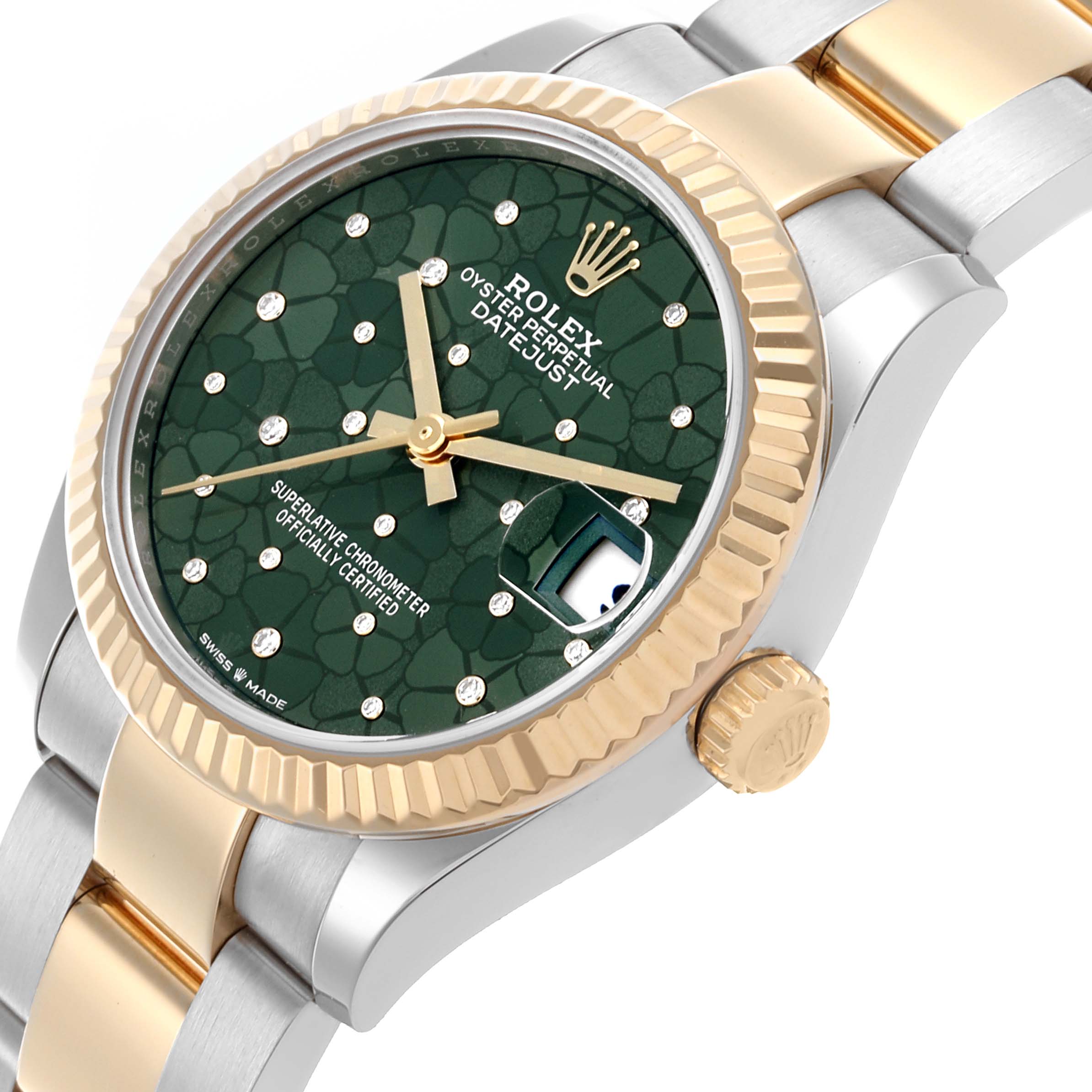 The Rolex Datejust Mid-Size watch is shown at a side angle, highlighting the green dial, gold bezel, and two-tone bracelet.