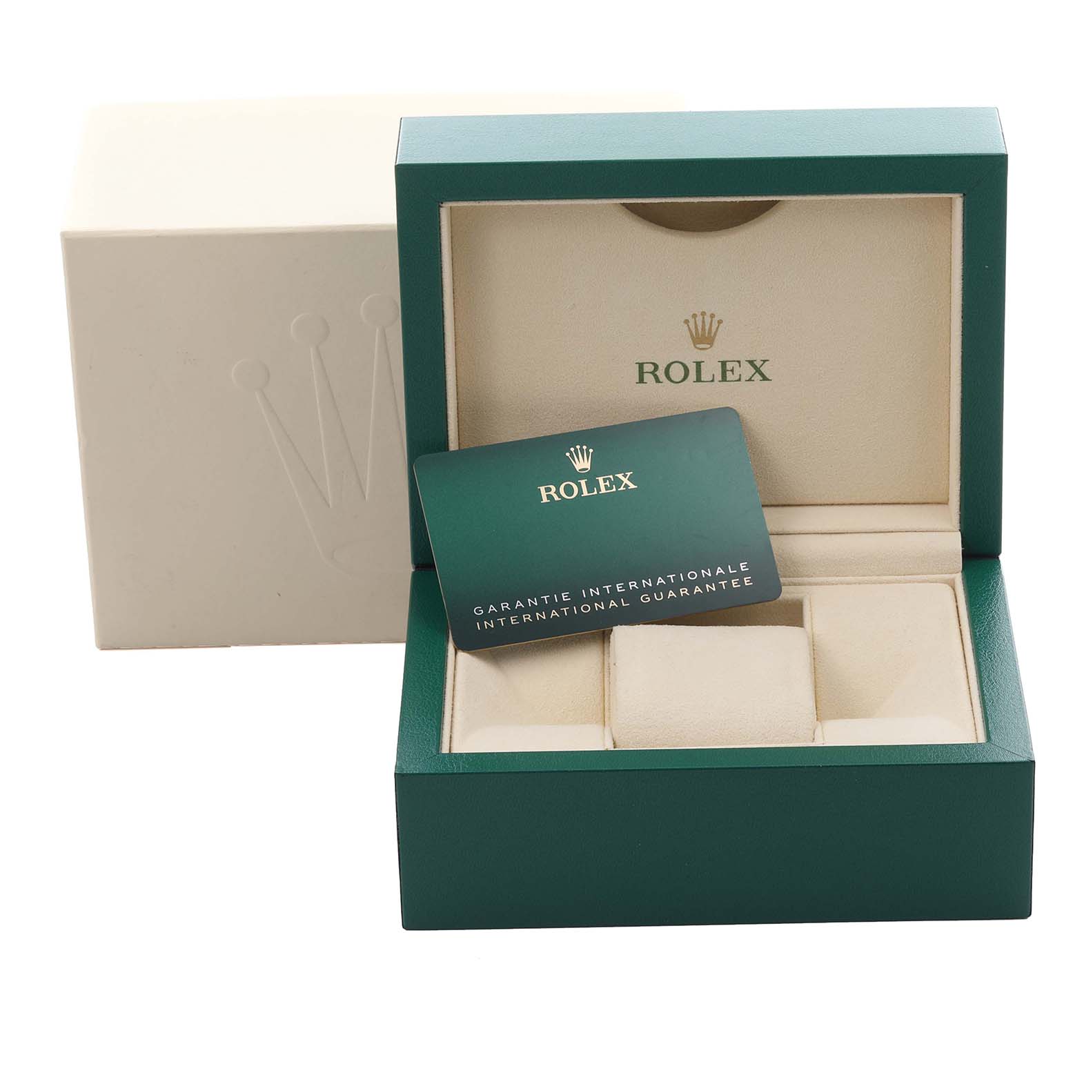 The image shows a Rolex Mid-Size 278273 Women's Steel and Gold (two tone) Green Dial 278273 Women's Steel and Gold (two tone) Green Dial watch box with an international guarantee card inside.