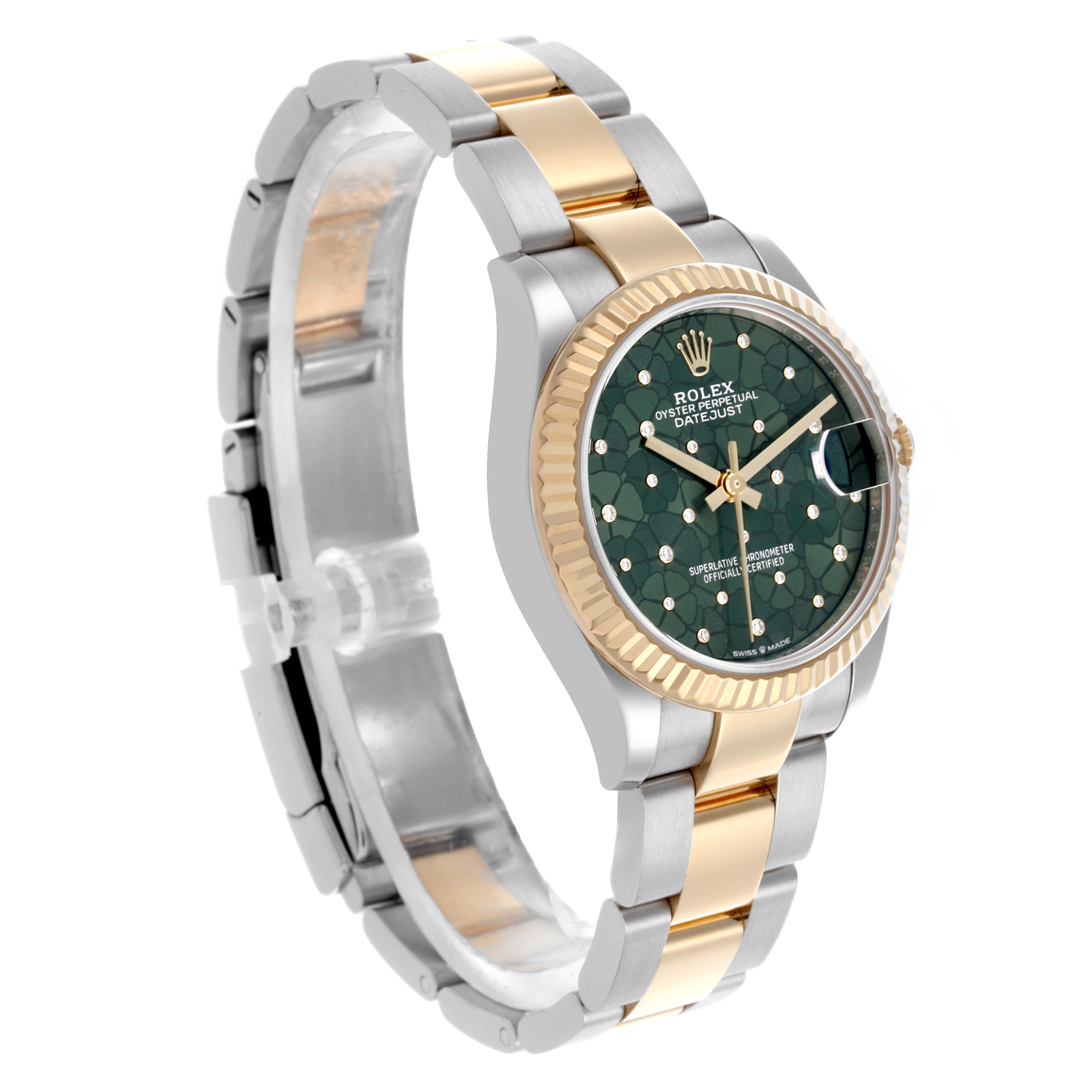 The Rolex Mid-Size 278273 Women's Steel and Gold (two tone) Green Dial 278273 Women's Steel and Gold (two tone) Green Dial watch is shown at a three-quarter angle, displaying the bracelet, bezel, and face details.