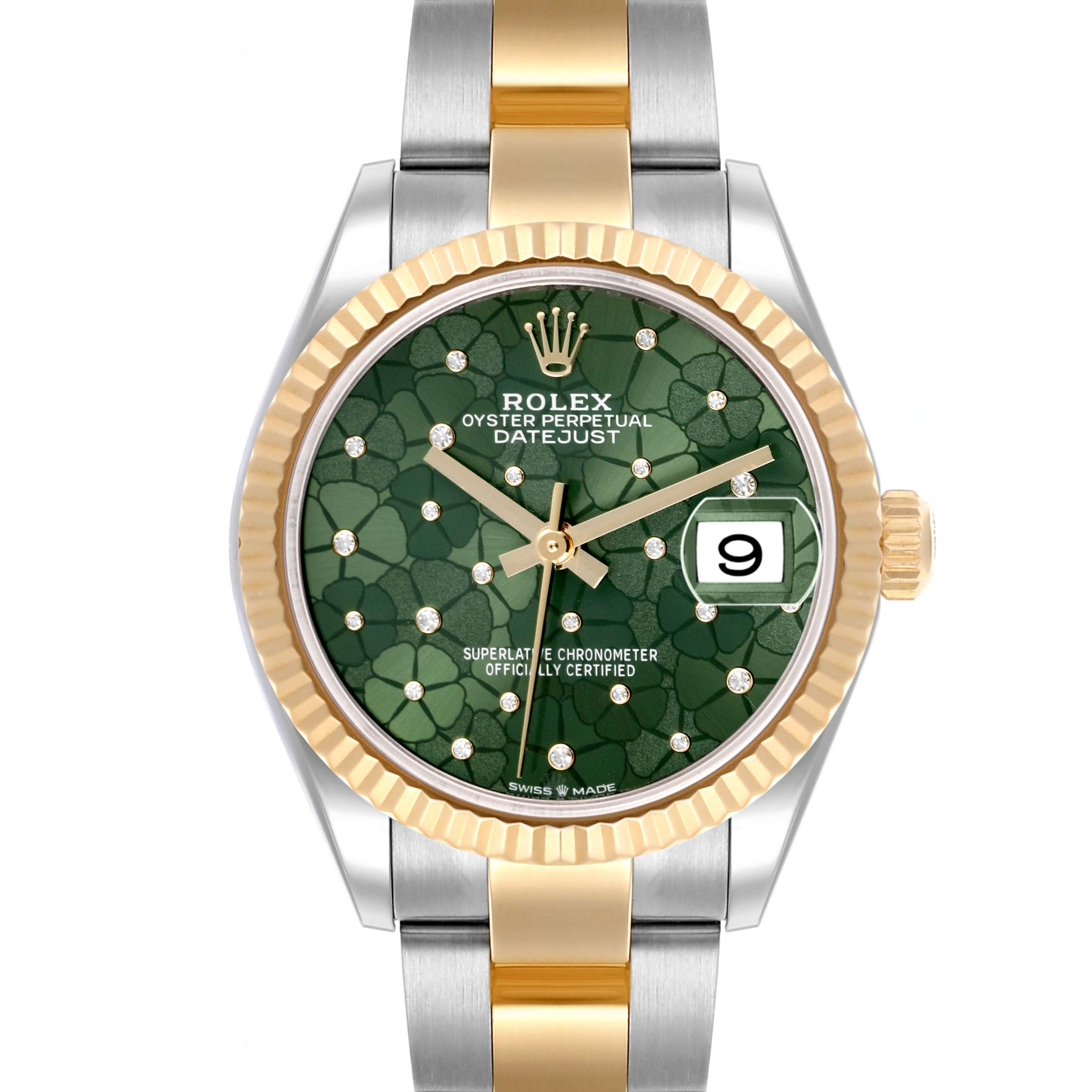 The Rolex Datejust Mid-Size watch is shown from the front, displaying its green dial, gold bezel, and two-tone bracelet.
