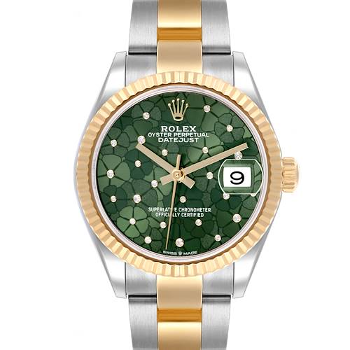 The Rolex Datejust Mid-Size watch is shown from a front angle, highlighting the green dial and gold-tone fluted bezel.