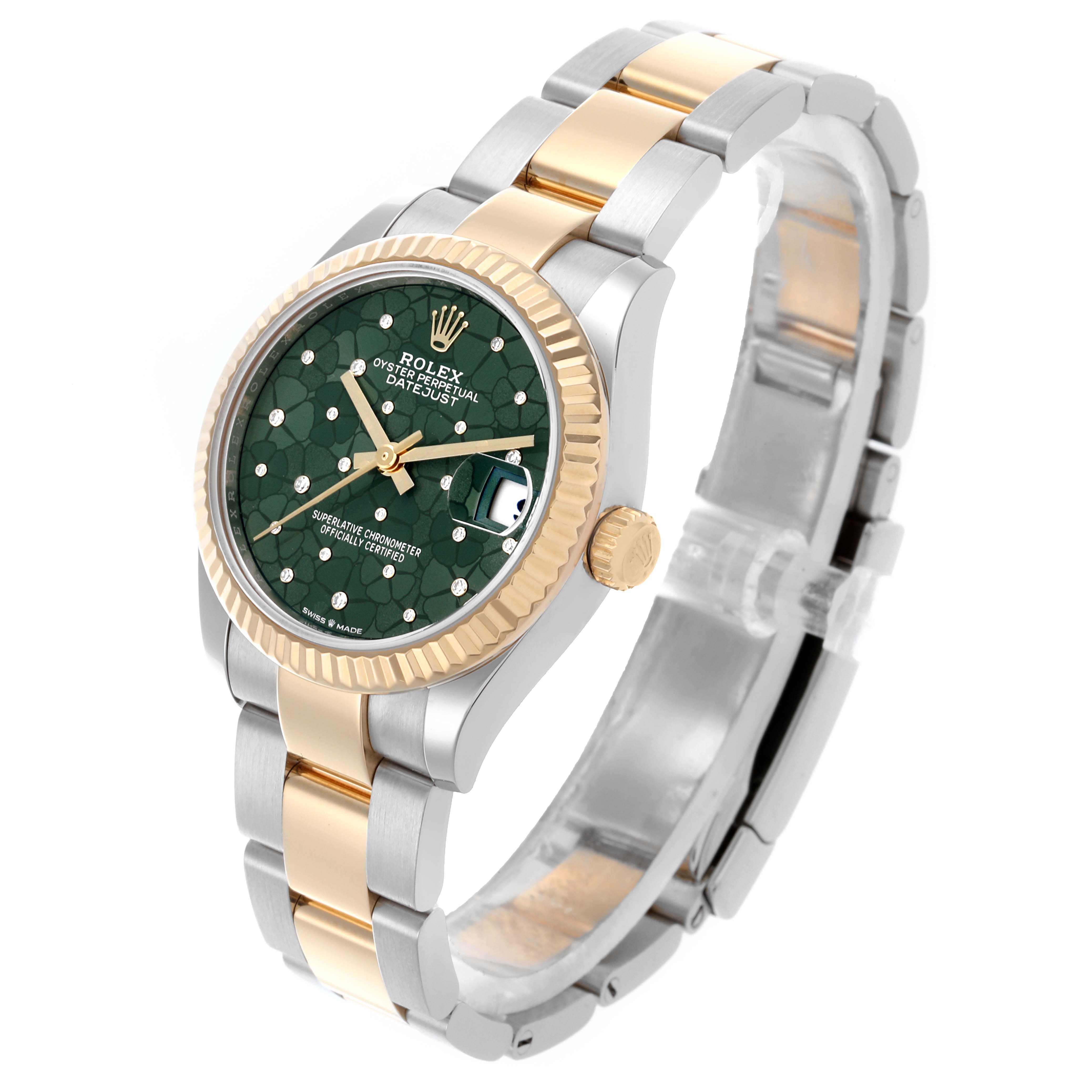 The Rolex Mid-Size 278273 Women's Steel and Gold (two tone) Green Dial 278273 Women's Steel and Gold (two tone) Green Dial is shown at a three-quarter angle, highlighting the watch face, crown, and band.