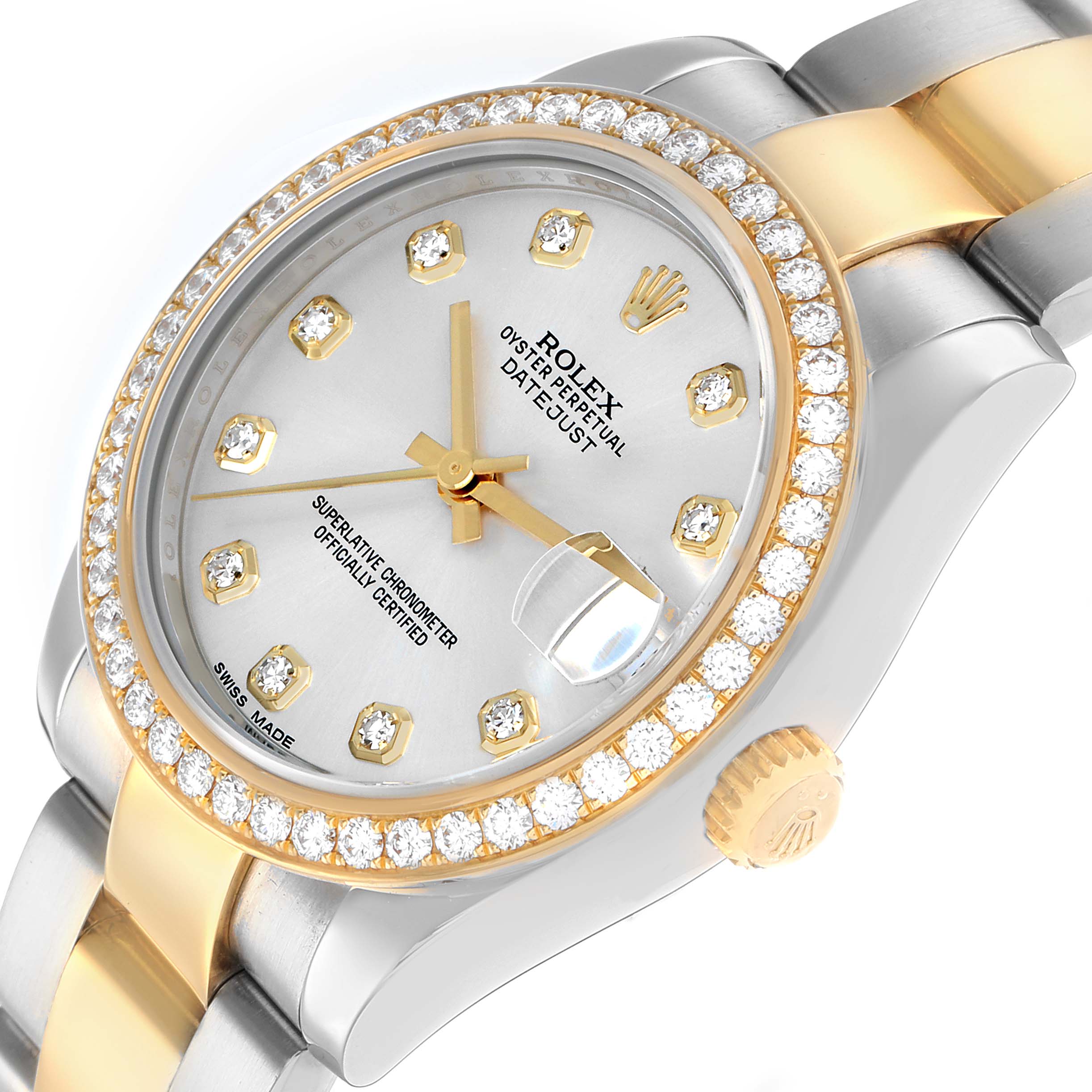 The Rolex Mid-Size 178383 Women
s Steel and Gold (two tone) Silver Dial watch is shown at an angled view, highlighting the diamond bezel, dial, crown, and part of the bracelet.