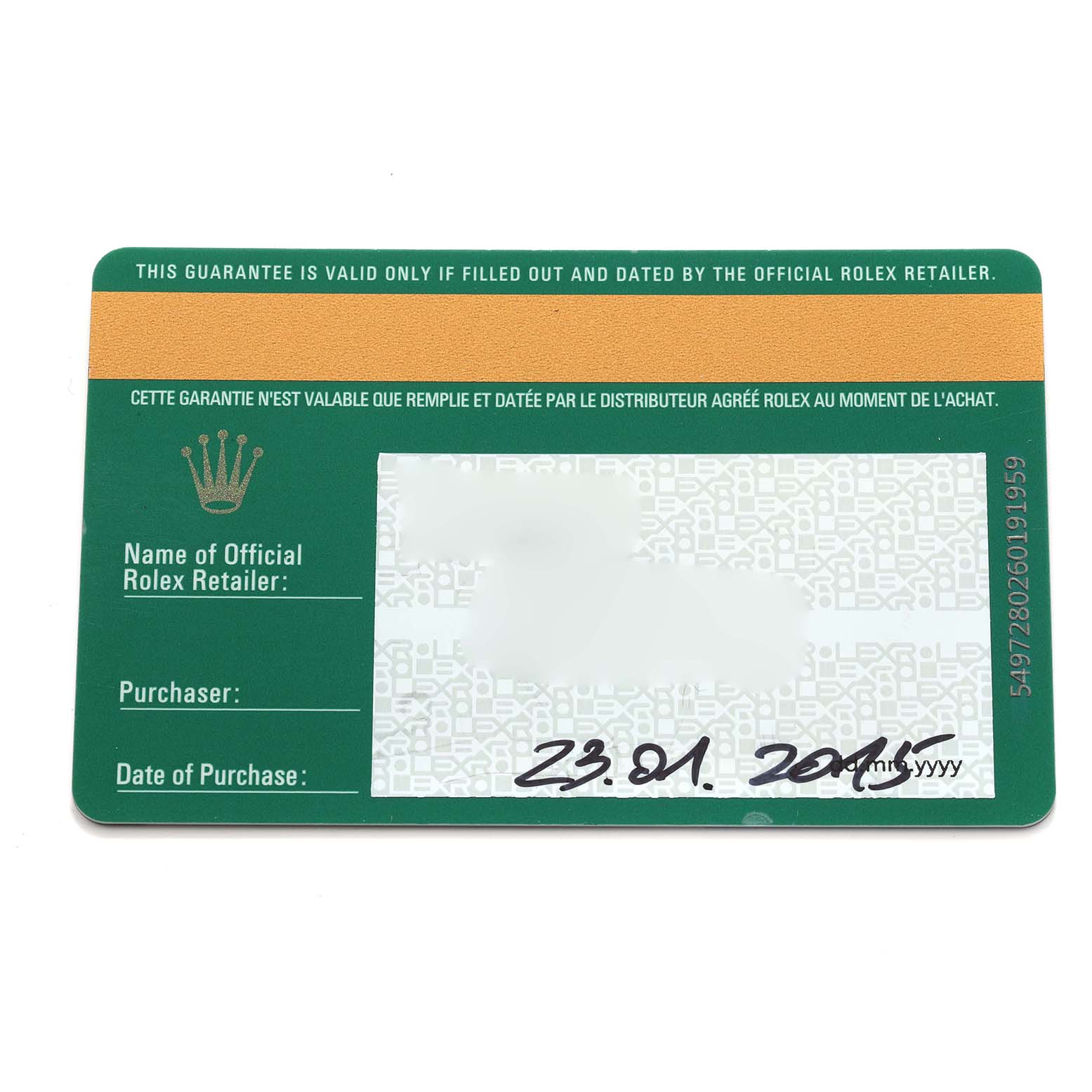 This is the warranty card for a Mid-Size model by Rolex, displayed from the front angle.