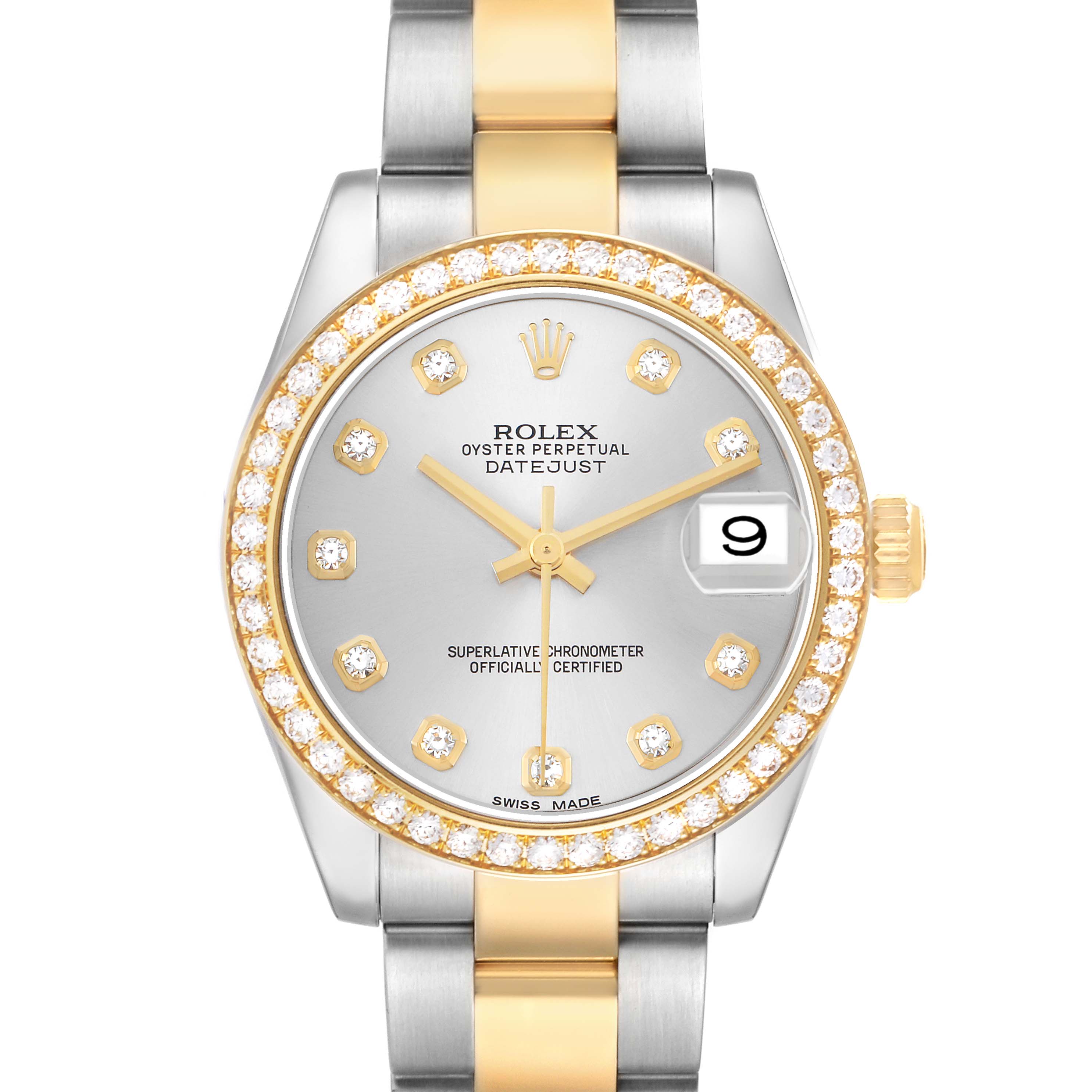 The Rolex Mid-Size 178383 Women
s Steel and Gold (two tone) Silver Dial Datejust is shown from a top view, displaying its diamond bezel, dial, and part of its two-tone bracelet.