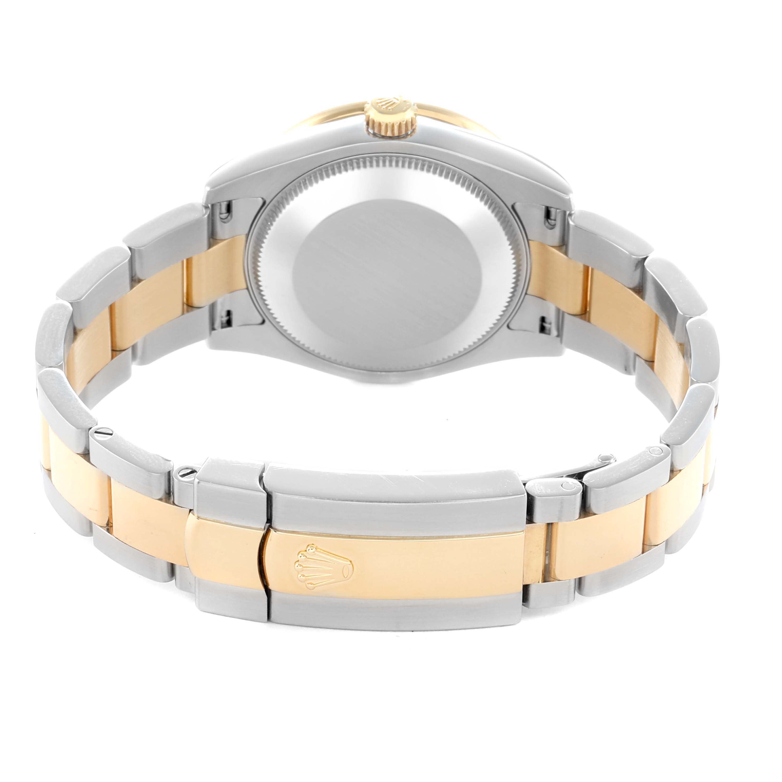 The Rolex Mid-Size 178383 Women
s Steel and Gold (two tone) Silver Dial model is shown from the back, highlighting the case back, bracelet, and clasp with the Rolex logo.