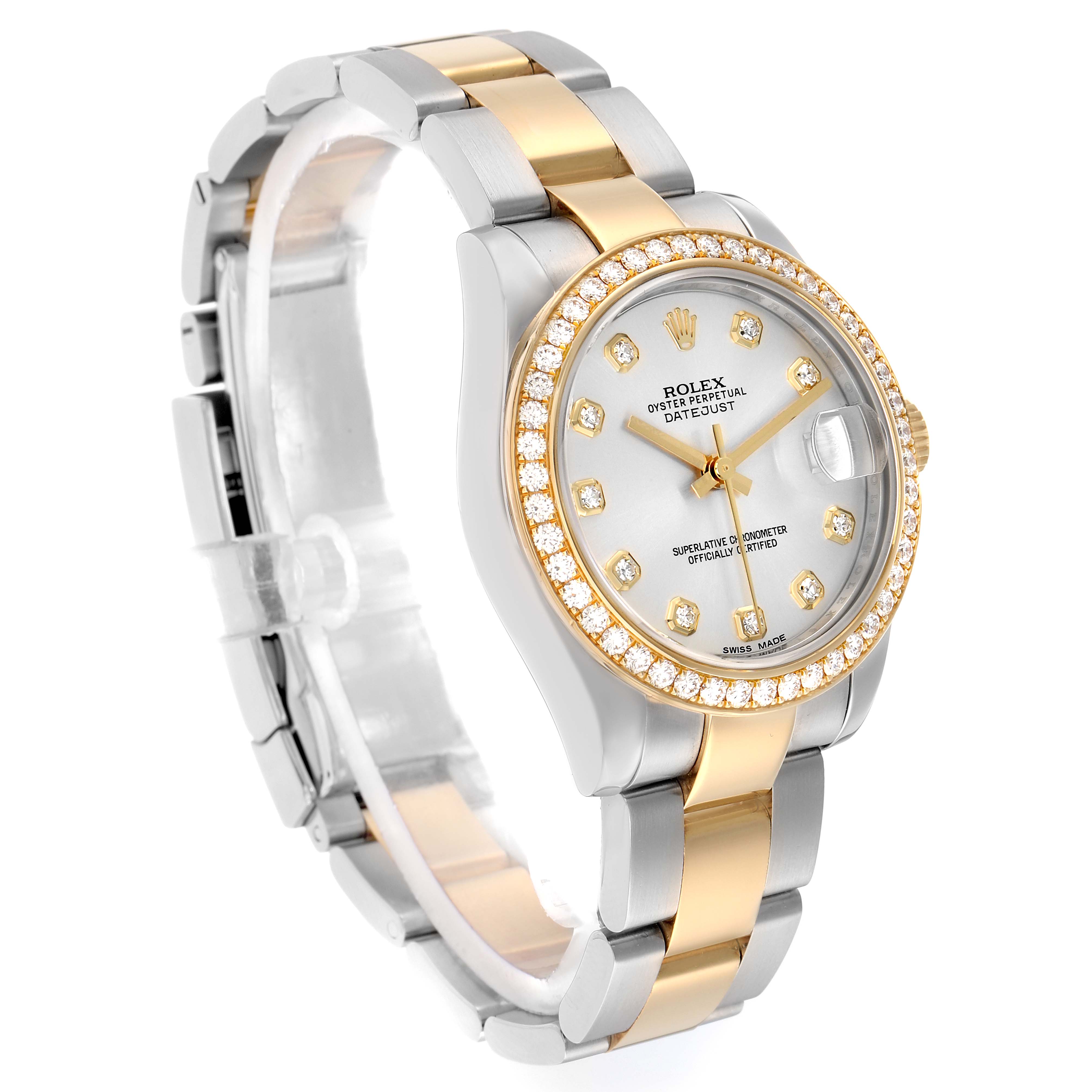 The Rolex Mid-Size 178383 Women
s Steel and Gold (two tone) Silver Dial watch is displayed at a three-quarter angle, showcasing the dial, bezel, and bracelet.
