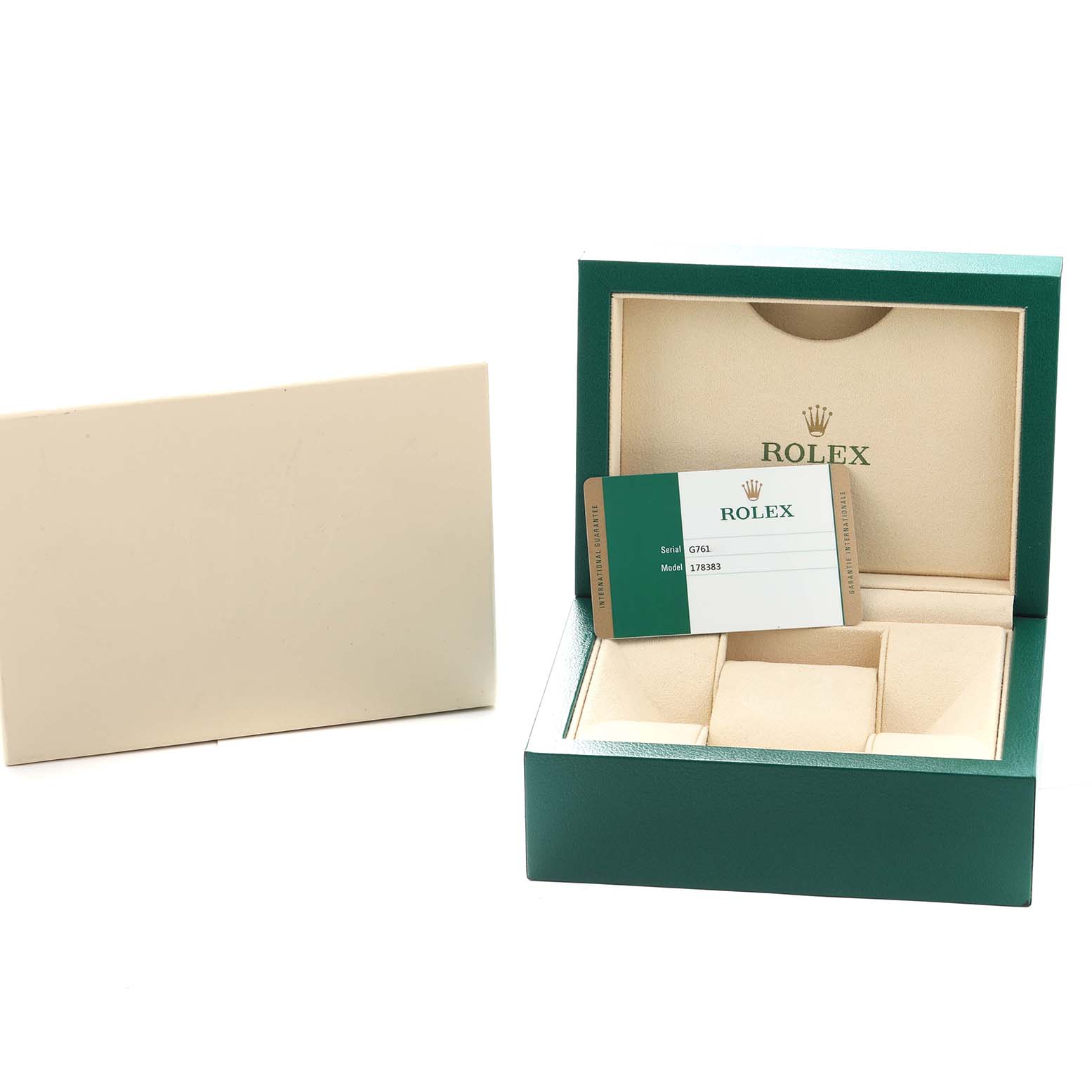 The image shows the open box of a Rolex Mid-Size 178383 Women
s Steel and Gold (two tone) Silver Dial watch, displaying the interior and warranty card, viewed from the front angle.