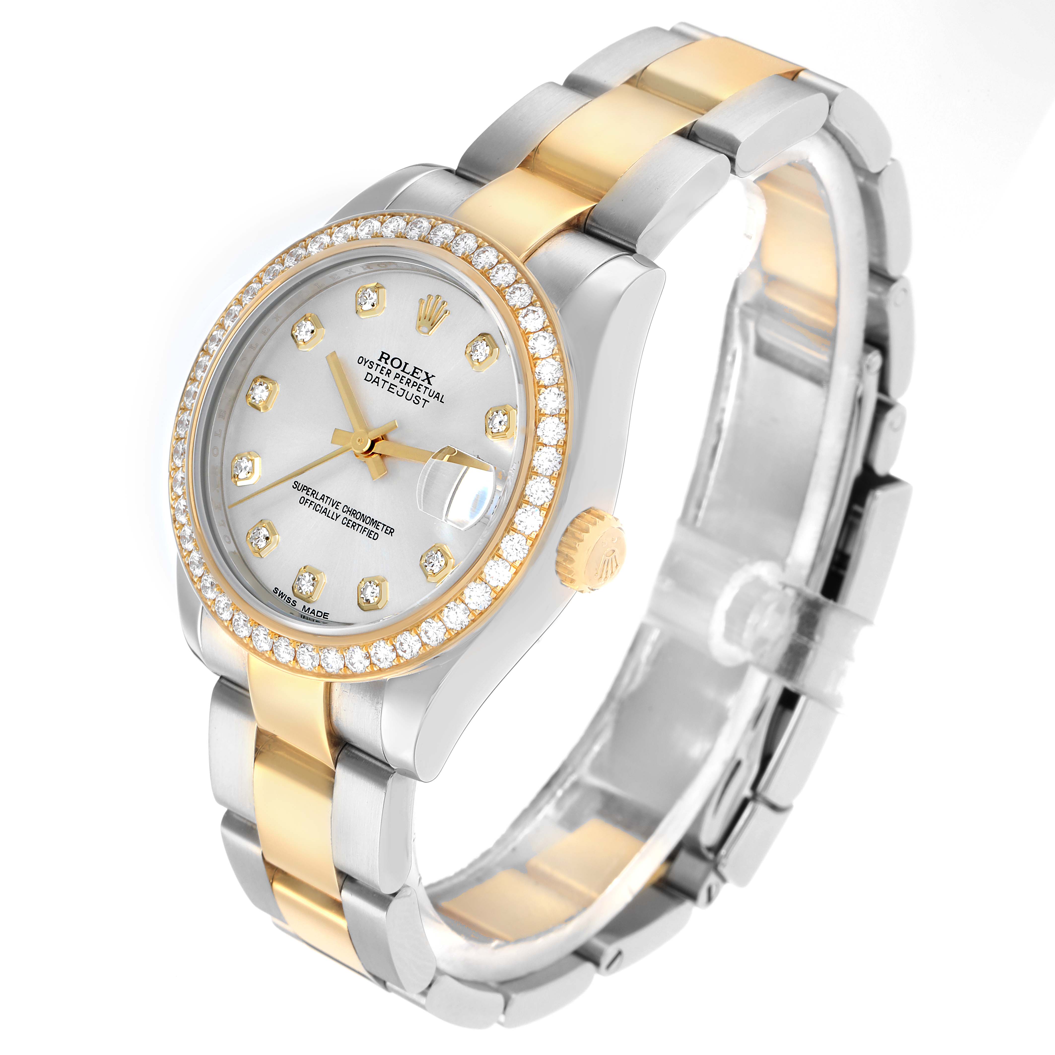 This image shows a Rolex Mid-Size 178383 Women
s Steel and Gold (two tone) Silver Dial watch at a three-quarter angle, highlighting the bezel, dial, crown, and bracelet.