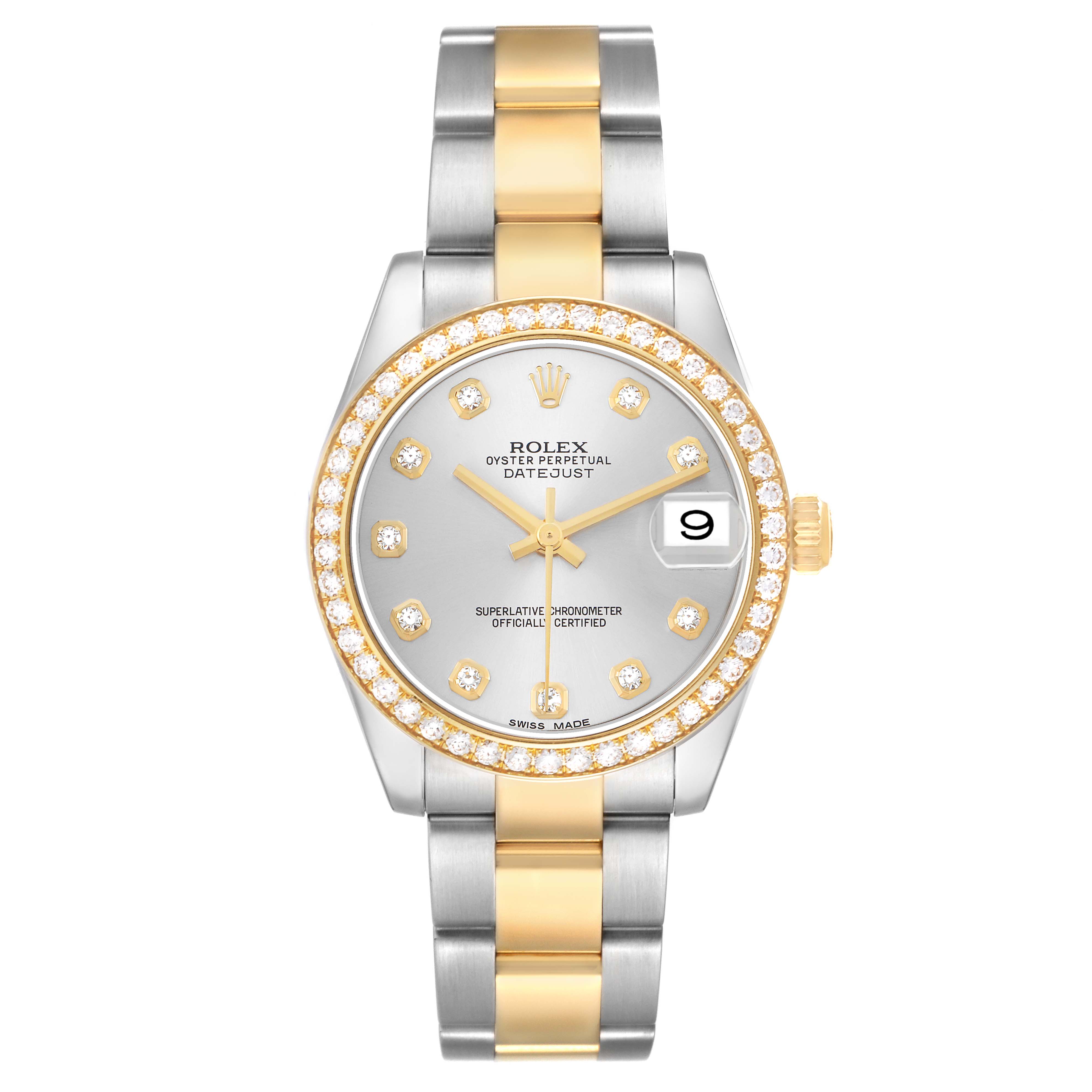 The Rolex Mid-Size 178383 Women
s Steel and Gold (two tone) Silver Dial watch is shown from the front, featuring a two-tone band, diamond hour markers, and a date window.