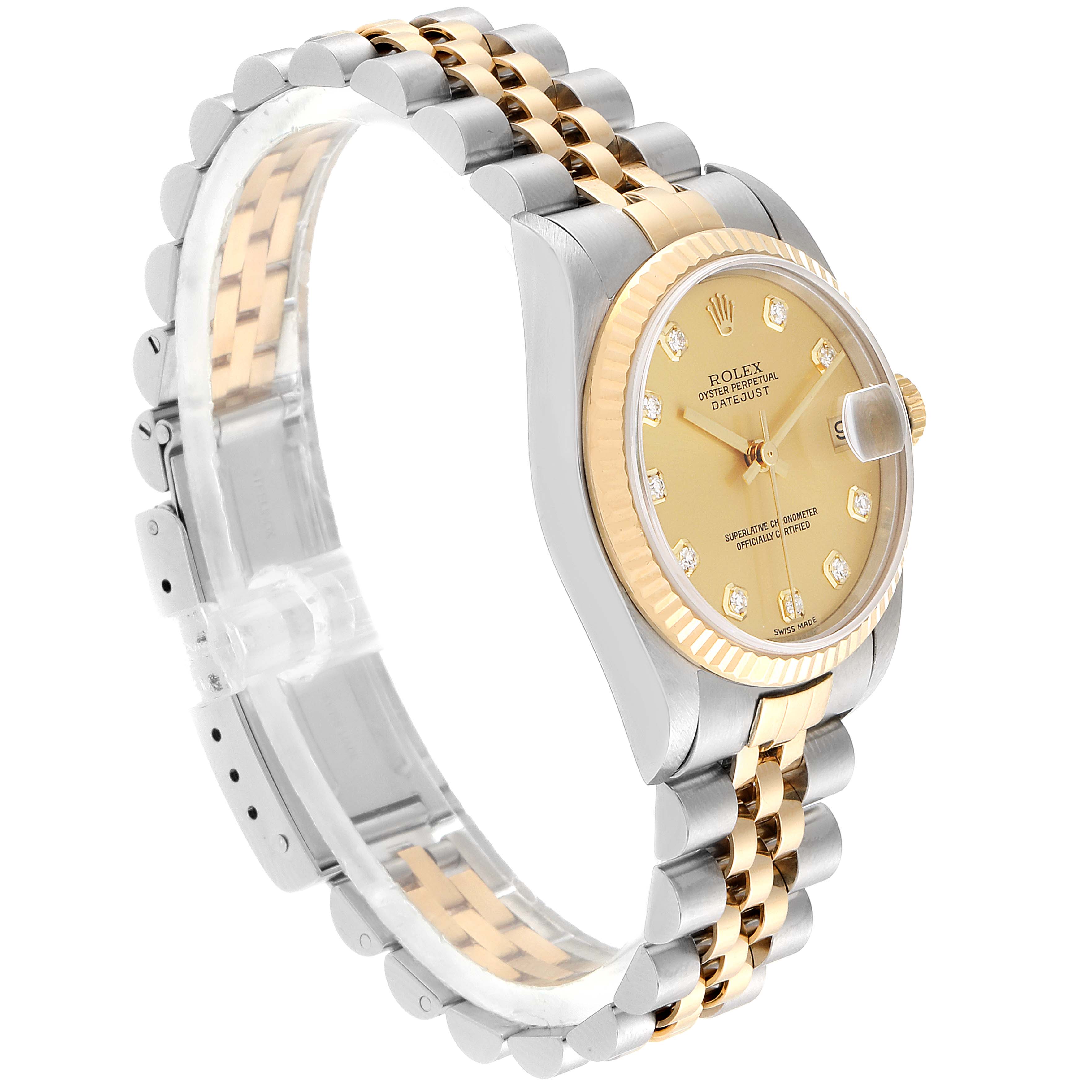 The Rolex Mid-Size 78273 Women
s Steel and Gold (two tone) Champagne Dial 78273 Women
s Steel and Gold (two tone) Champagne Dial watch is shown at a three-quarter angle, highlighting the gold bezel, dial, and two-tone bracelet.