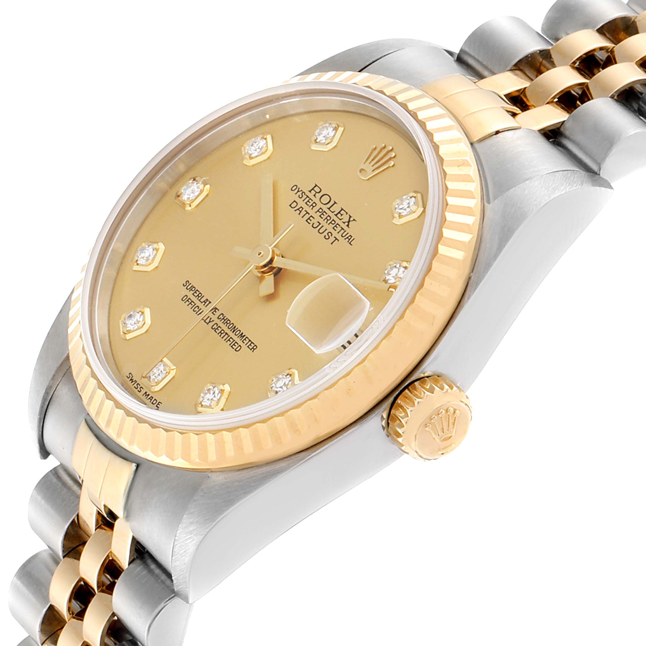 The image shows a close-up angled view of a Rolex Mid-Size 78273 Women
s Steel and Gold (two tone) Champagne Dial 78273 Women
s Steel and Gold (two tone) Champagne Dial Datejust, highlighting the dial, bezel, and crown.