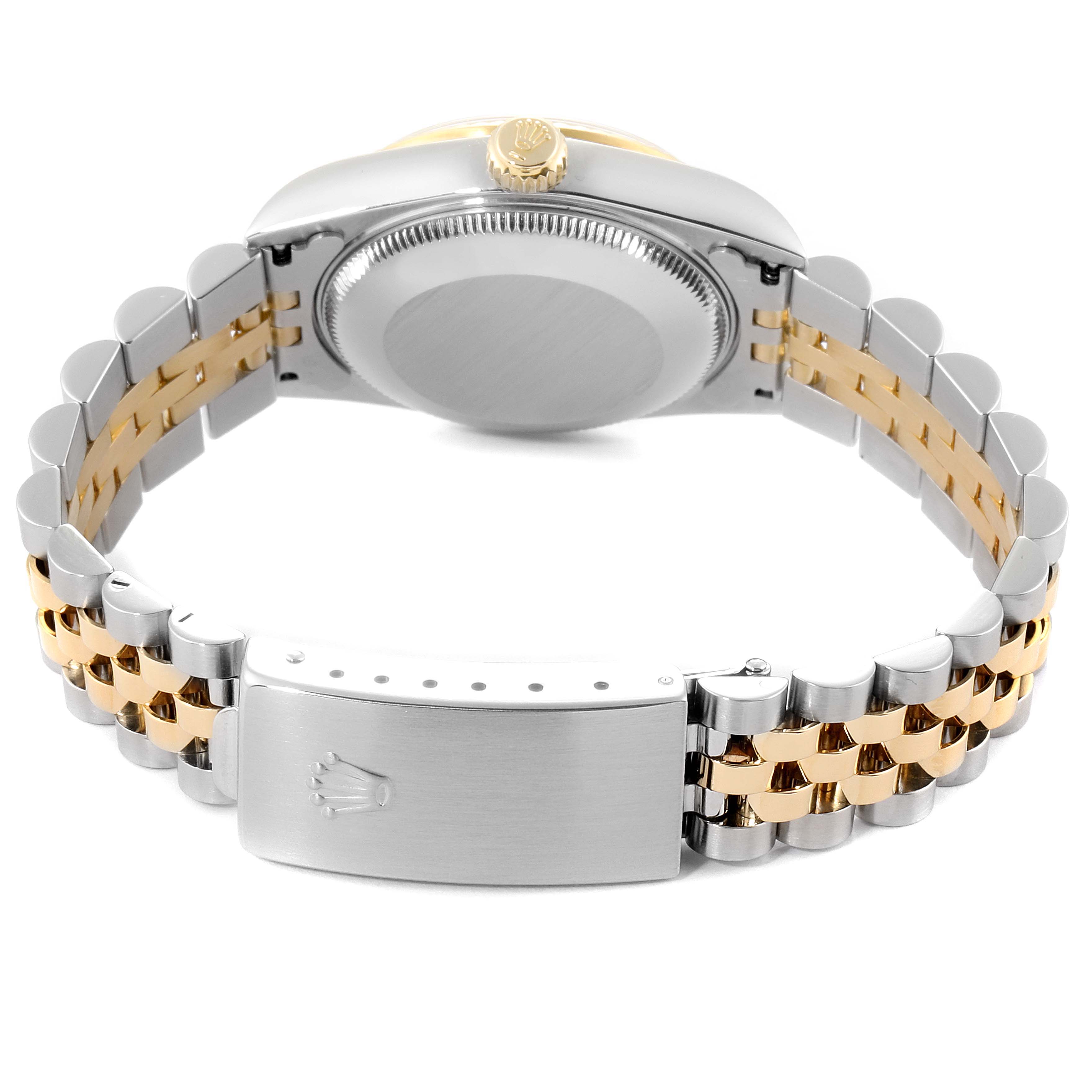 This image shows the back view of a Rolex Mid-Size 78273 Women
s Steel and Gold (two tone) Champagne Dial 78273 Women
s Steel and Gold (two tone) Champagne Dial watch, highlighting the case back, crown, and the two-tone bracelet with the clasp.