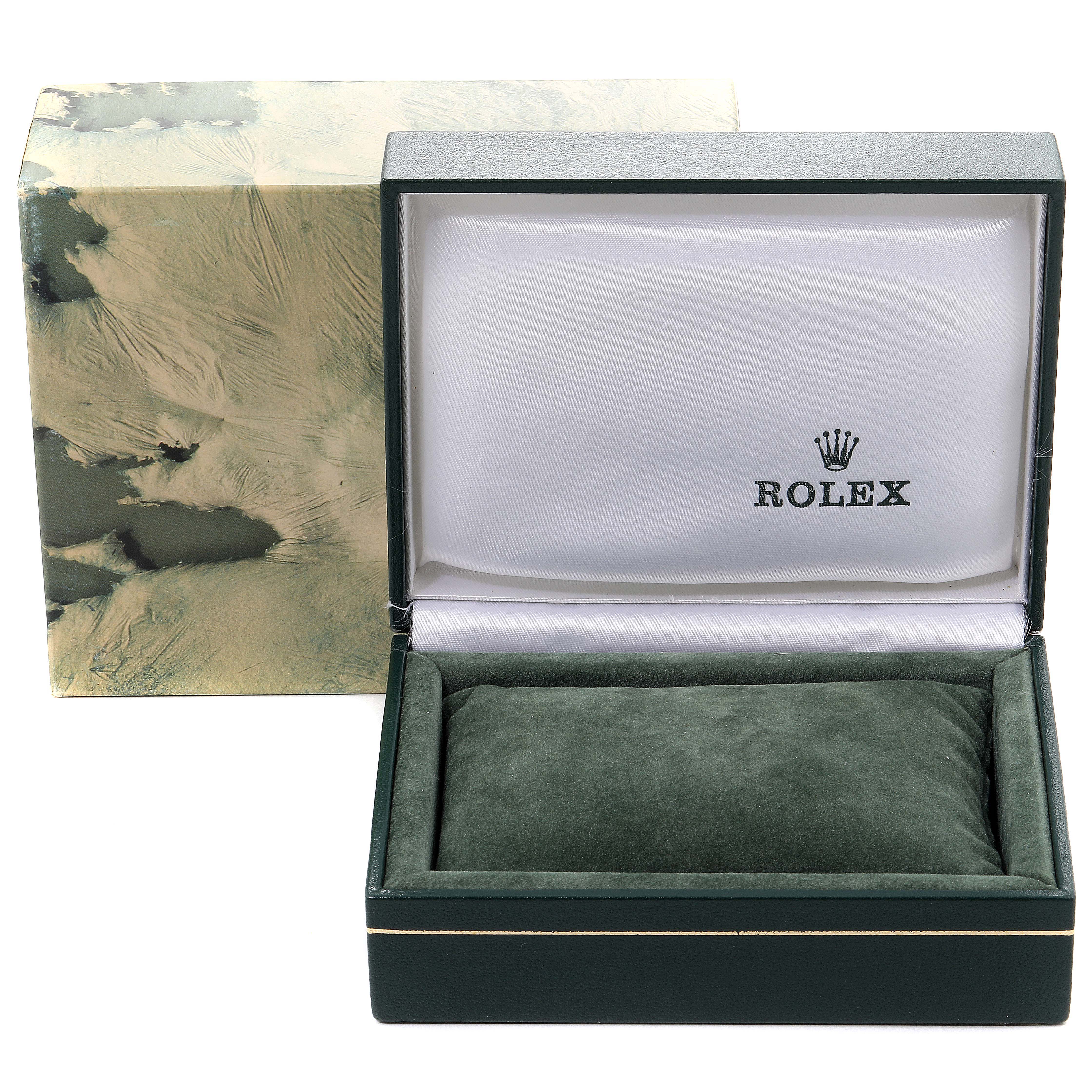 This image shows the open box and outer packaging of a Mid-Size Rolex watch.