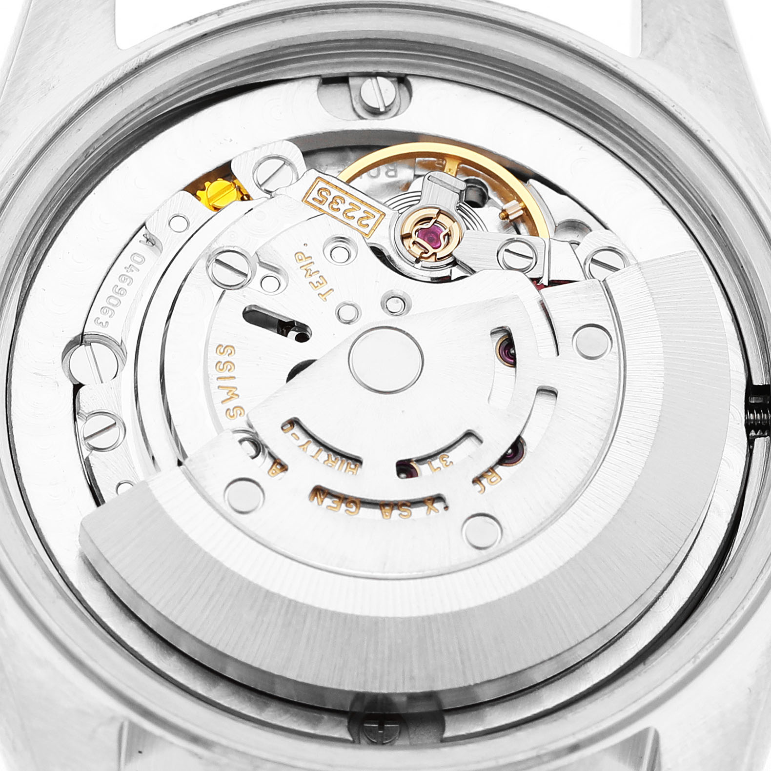 The image shows the movement of a Rolex Datejust 78273 Women's Steel and Gold (two tone) Red Dial watch from a top-down angle, highlighting its internal mechanics.