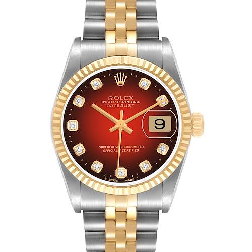 The Rolex Datejust 78273 Women's Steel and Gold (two tone) Red Dial watch is shown from a front angle, highlighting the dial, two-tone bracelet, and fluted bezel.
