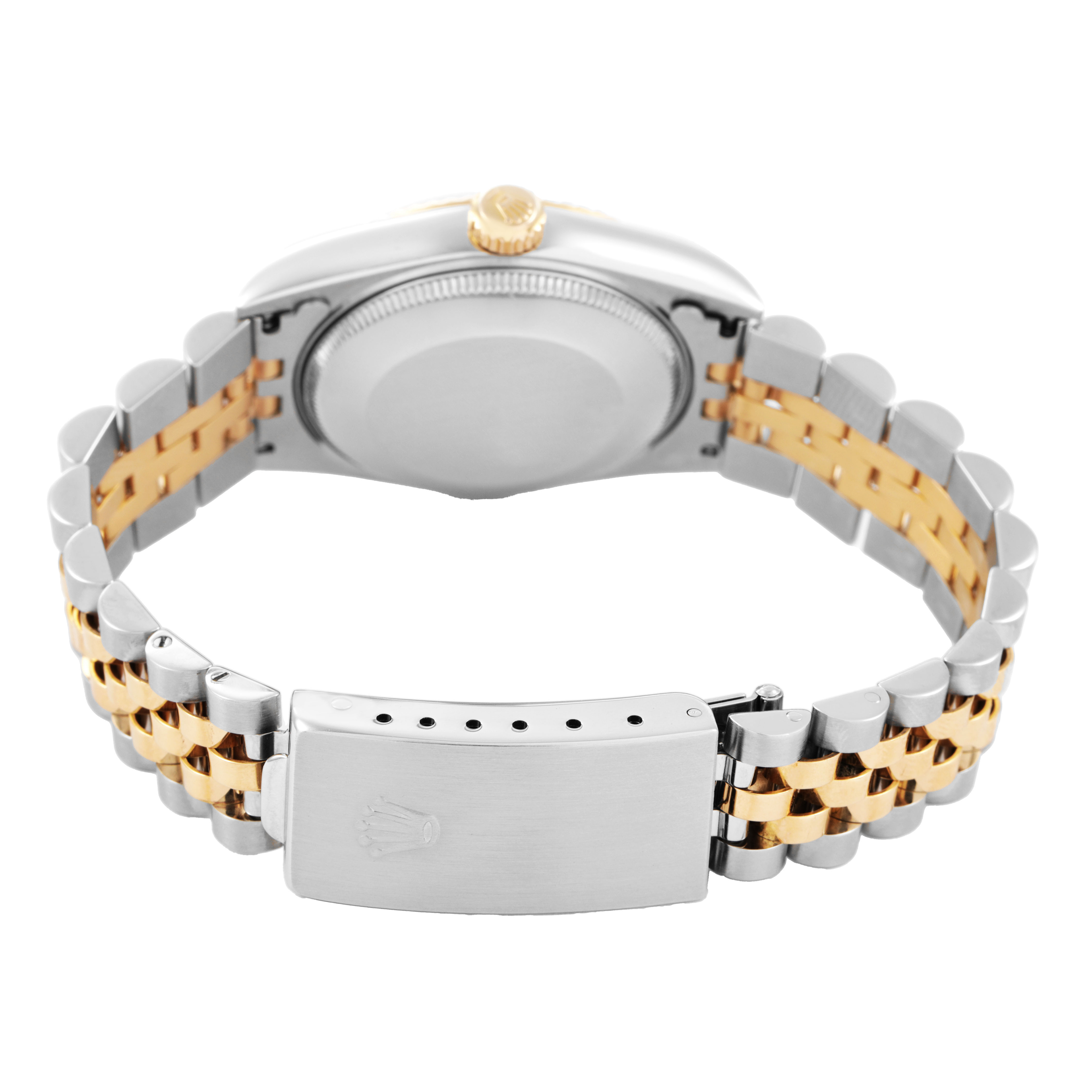 The image shows the back and clasp of a Rolex Datejust 78273 Women's Steel and Gold (two tone) Red Dial, highlighting its two-tone bracelet and crown.