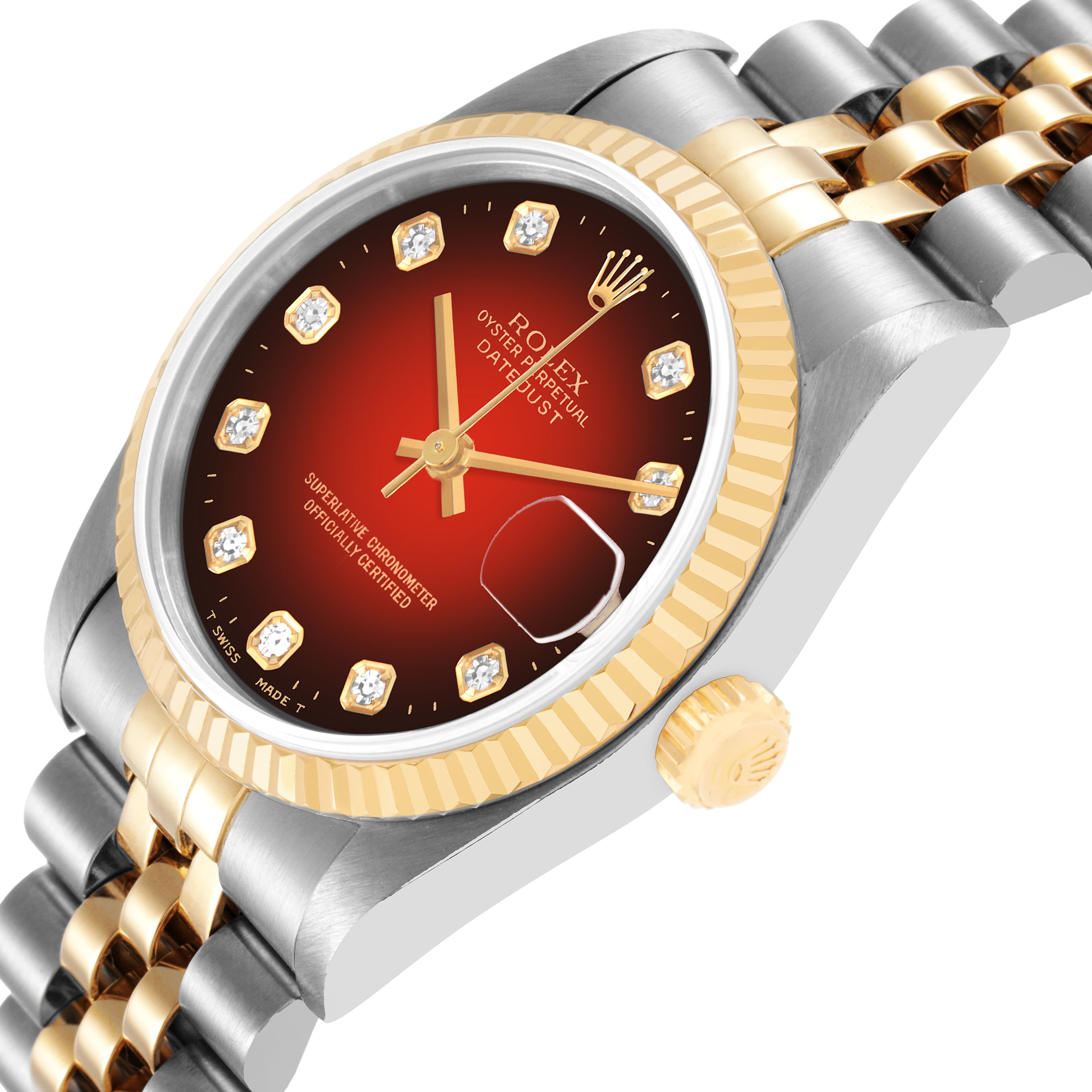 The image shows a Rolex Datejust 78273 Women's Steel and Gold (two tone) Red Dial watch at a slight angle, highlighting the dial, bezel, crown, and part of the bracelet.