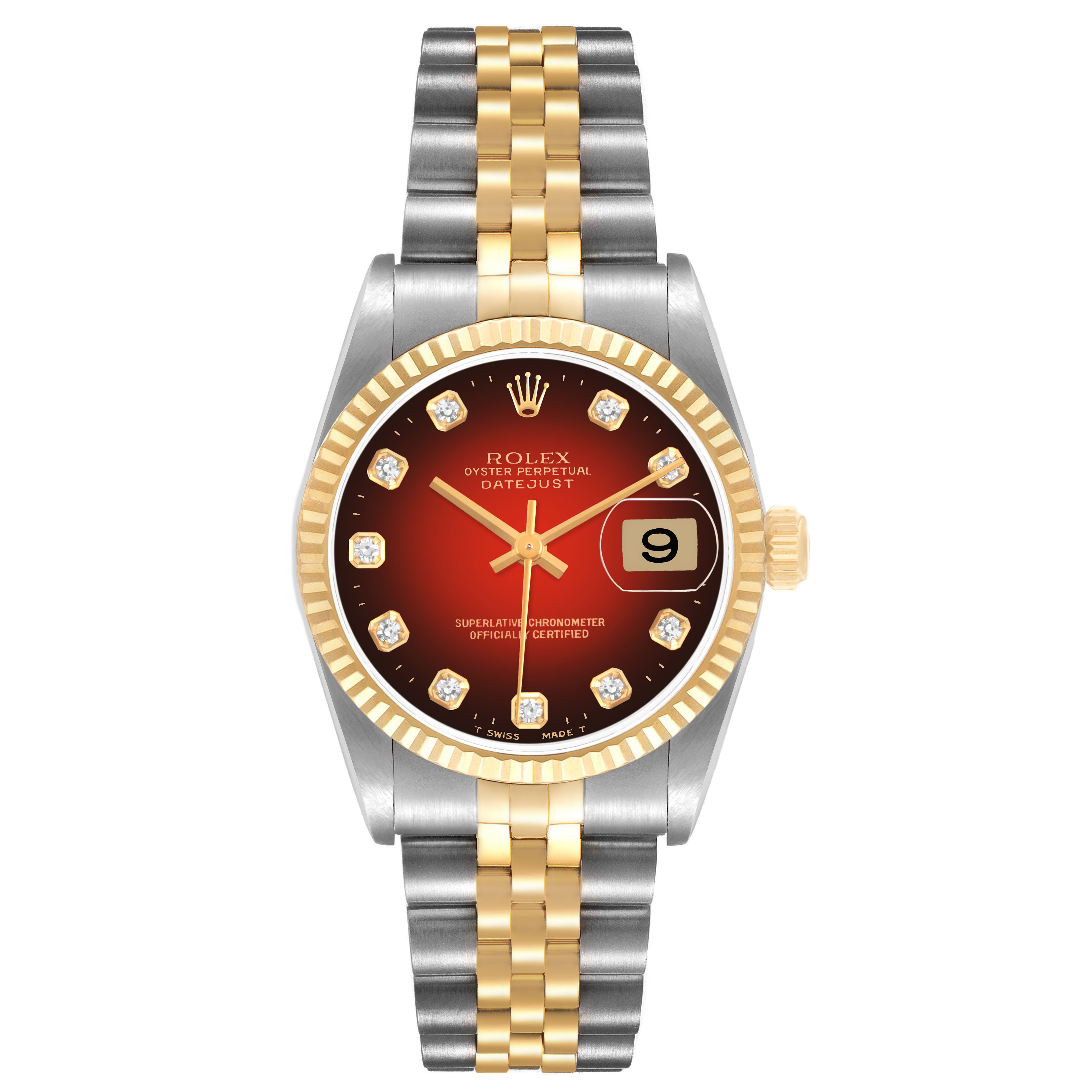 The Rolex Datejust 78273 Women's Steel and Gold (two tone) Red Dial watch is shown from the front, displaying its two-tone bezel, bracelet, and diamond-accented dial.