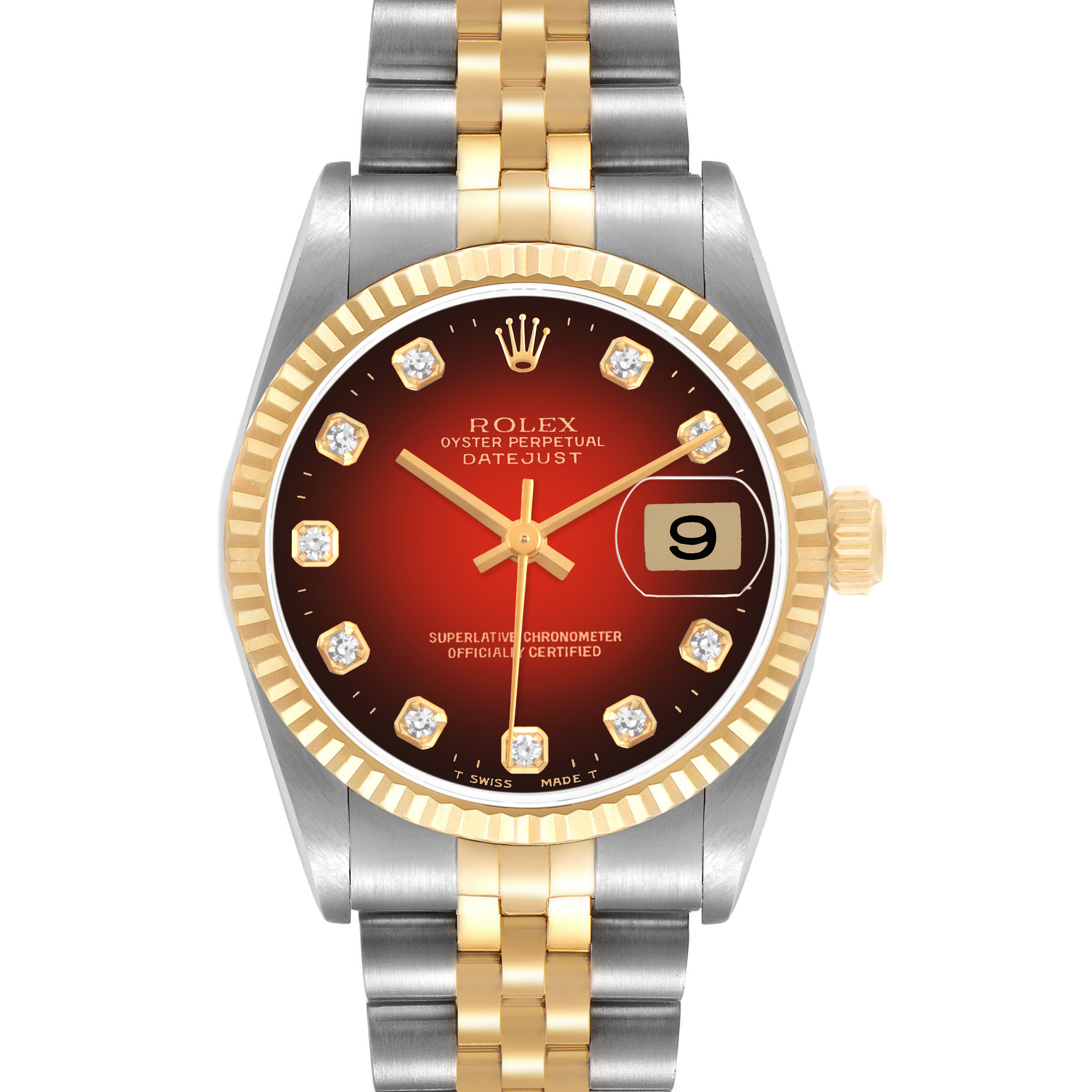 The Rolex Datejust 78273 Women's Steel and Gold (two tone) Red Dial watch is shown from a front angle, highlighting its red dial, gold bezel, and two-tone bracelet.