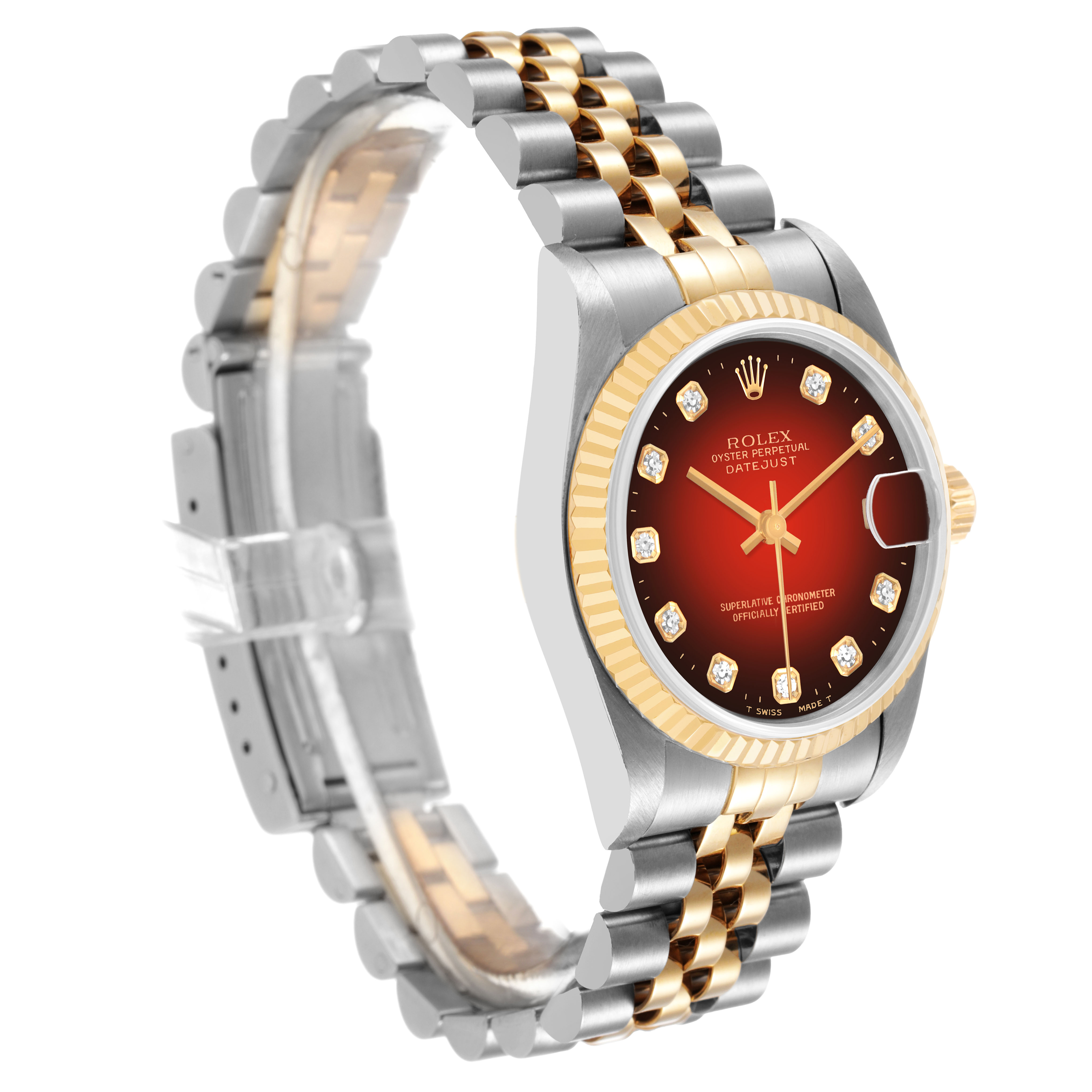The Rolex Datejust 78273 Women's Steel and Gold (two tone) Red Dial watch is shown at an angled view highlighting the case, bezel, dial, and bracelet.