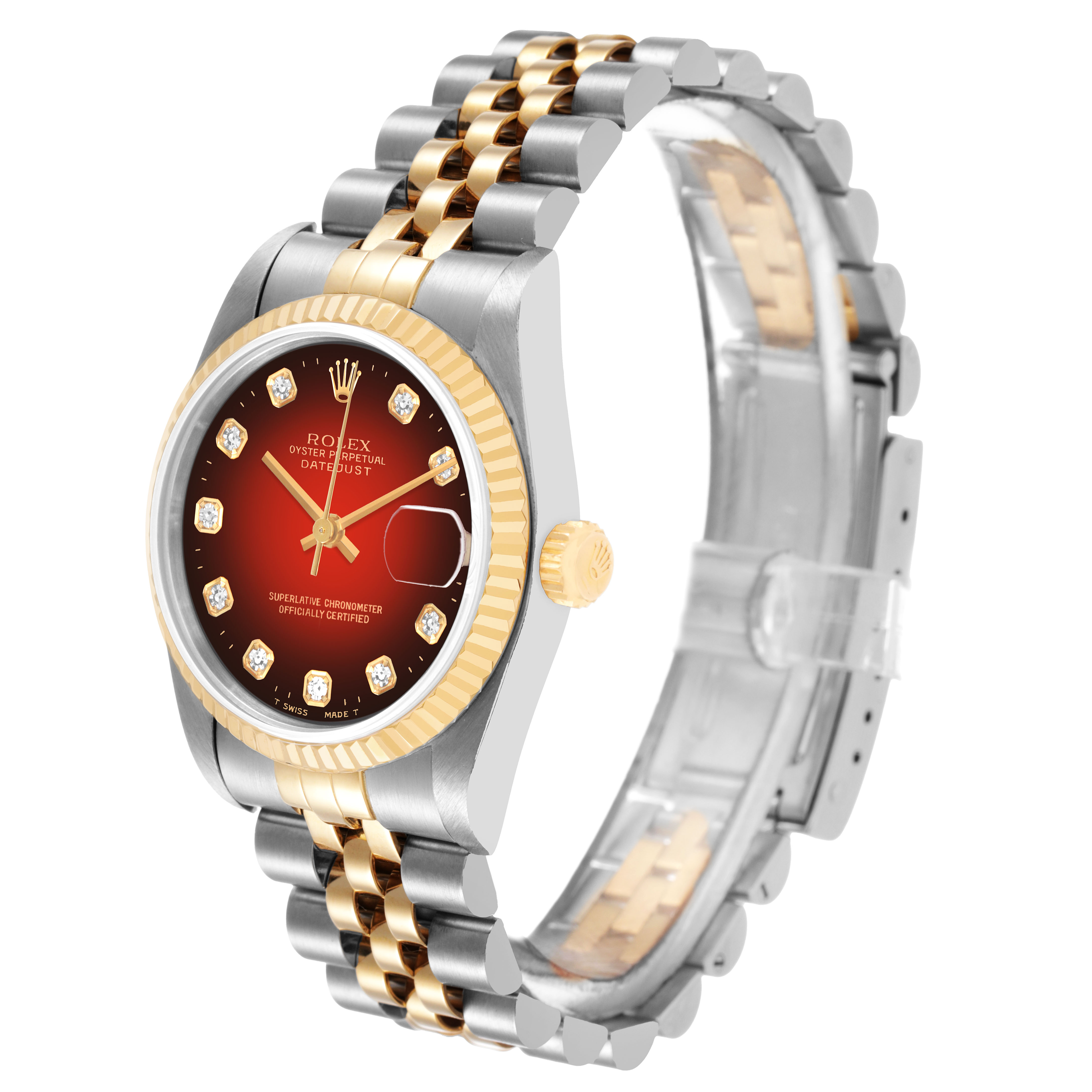 The Rolex Datejust 78273 Women's Steel and Gold (two tone) Red Dial is shown at a slight angle, displaying the face, dial, bezel, side, and bracelet links.