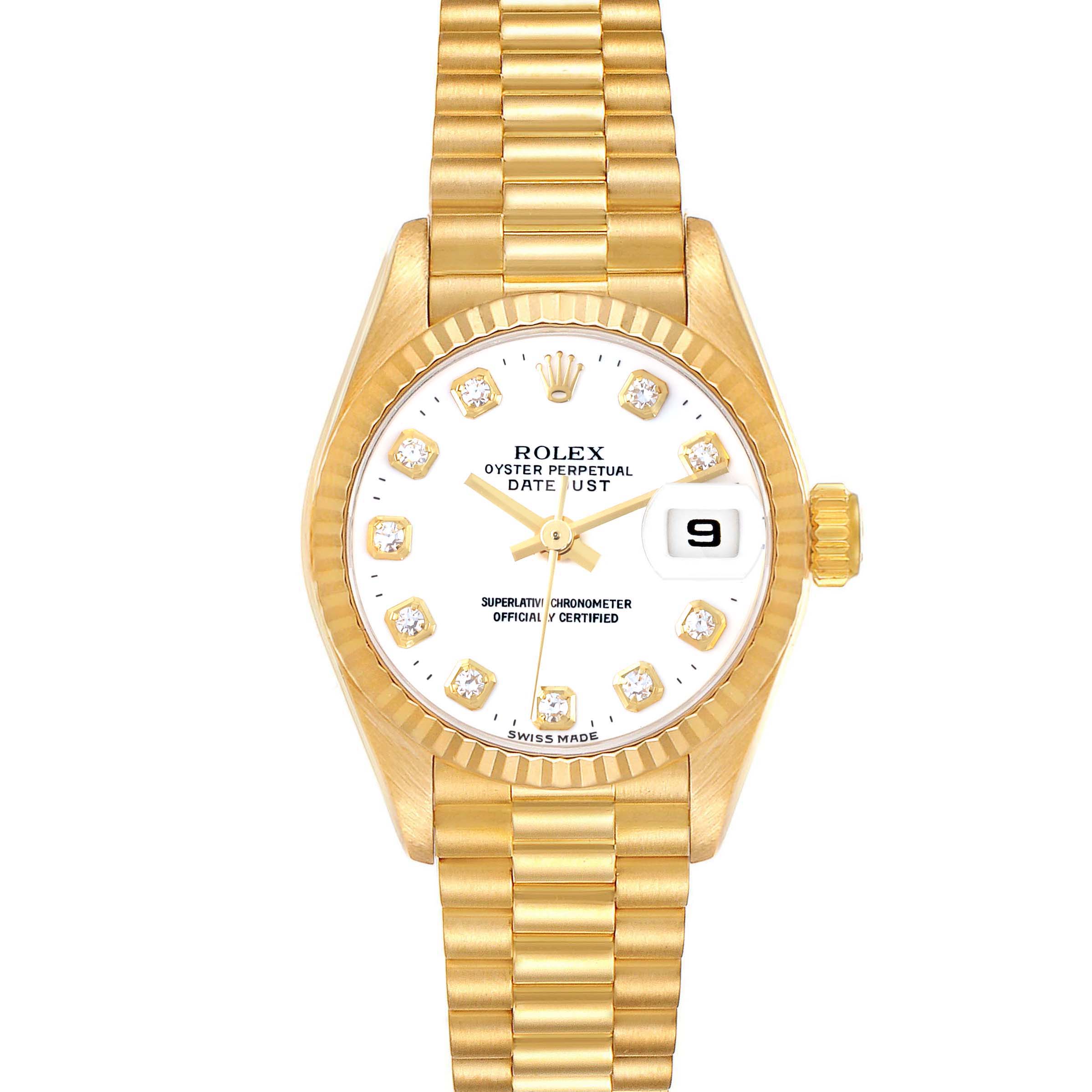 The Rolex President 69178 Women's Yellow Gold White Dial 69178 Women's Yellow Gold White Dial model watch is shown from the front, displaying the dial, bracelet, and crown.