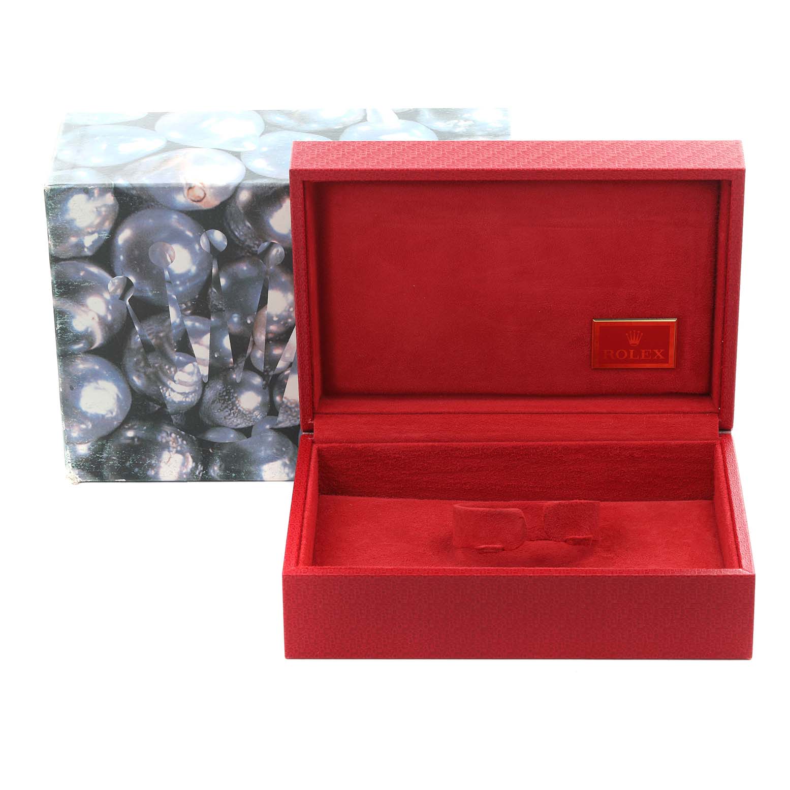 The image shows a red Rolex watch box for the President model, with a lid open and an outer decorative box.